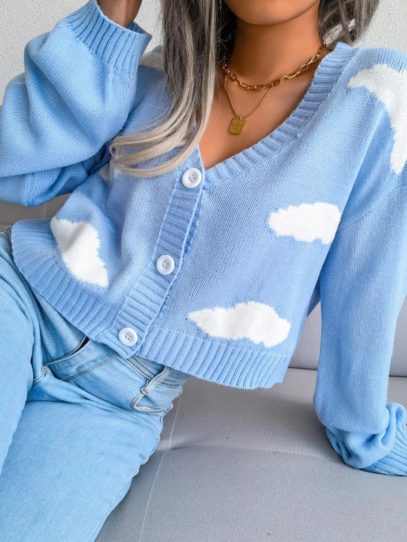 Cloud Pattern Button-Up Cropped Cardigan by Trendsi