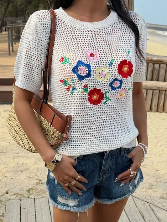 Floral Embroidered Crochet Knit Top by Trendsi