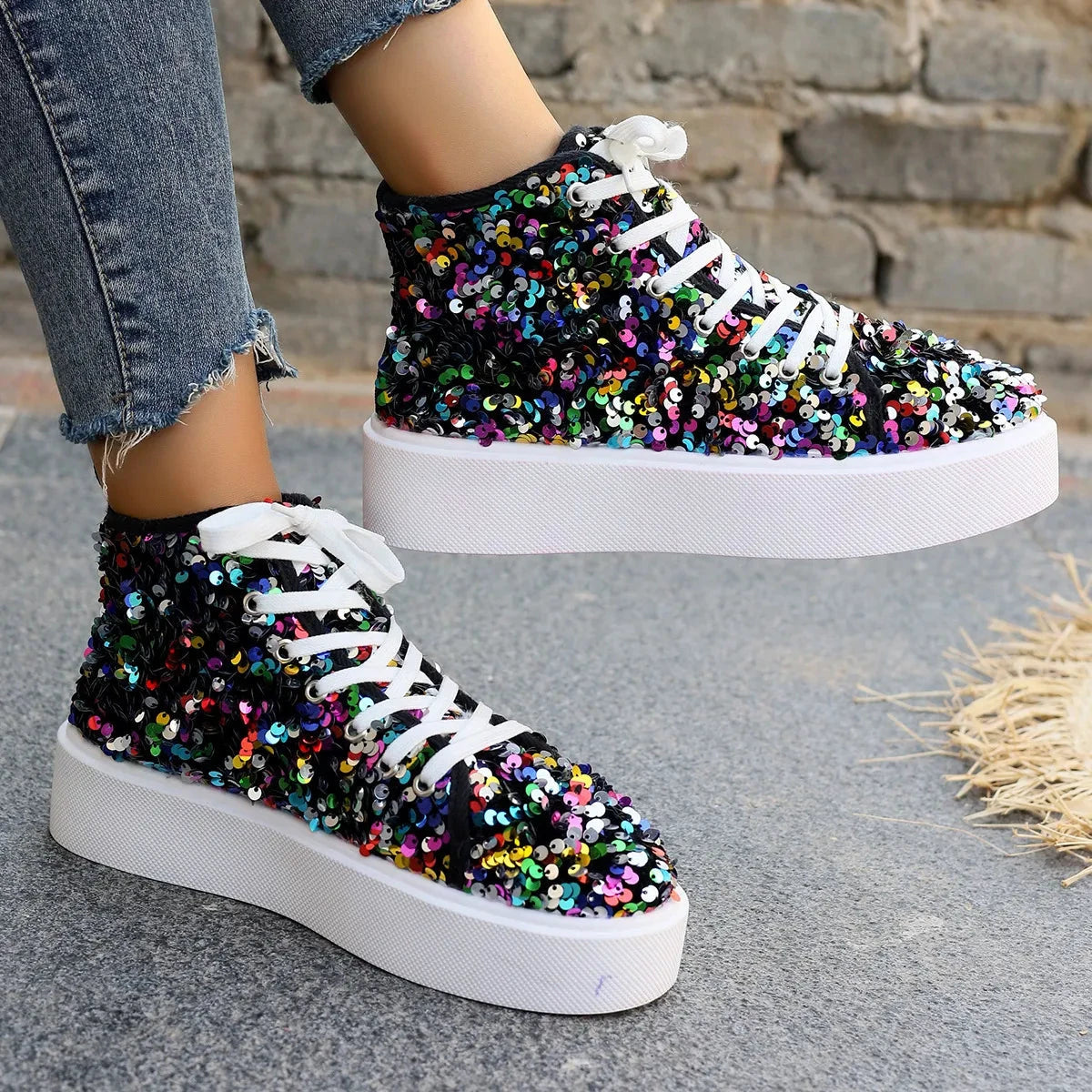 Sequin Round Toe Platform Sneakers by Trendsi