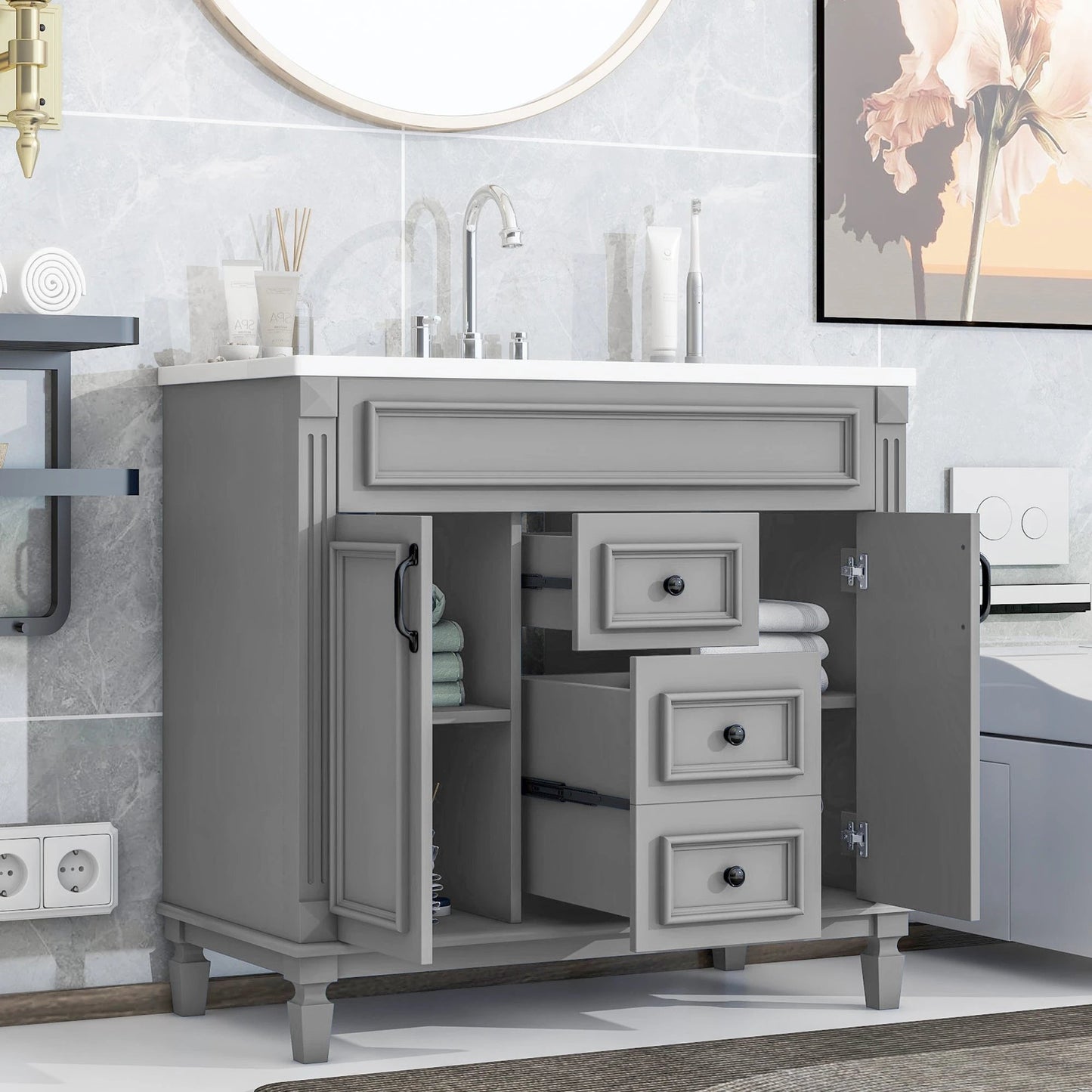 36'' Bathroom Vanity with Top Sink, Modern Bathroom Storage Cabinet with 2 Soft Closing Doors and 2 Drawers, Single Sink Bathroo by eprolo