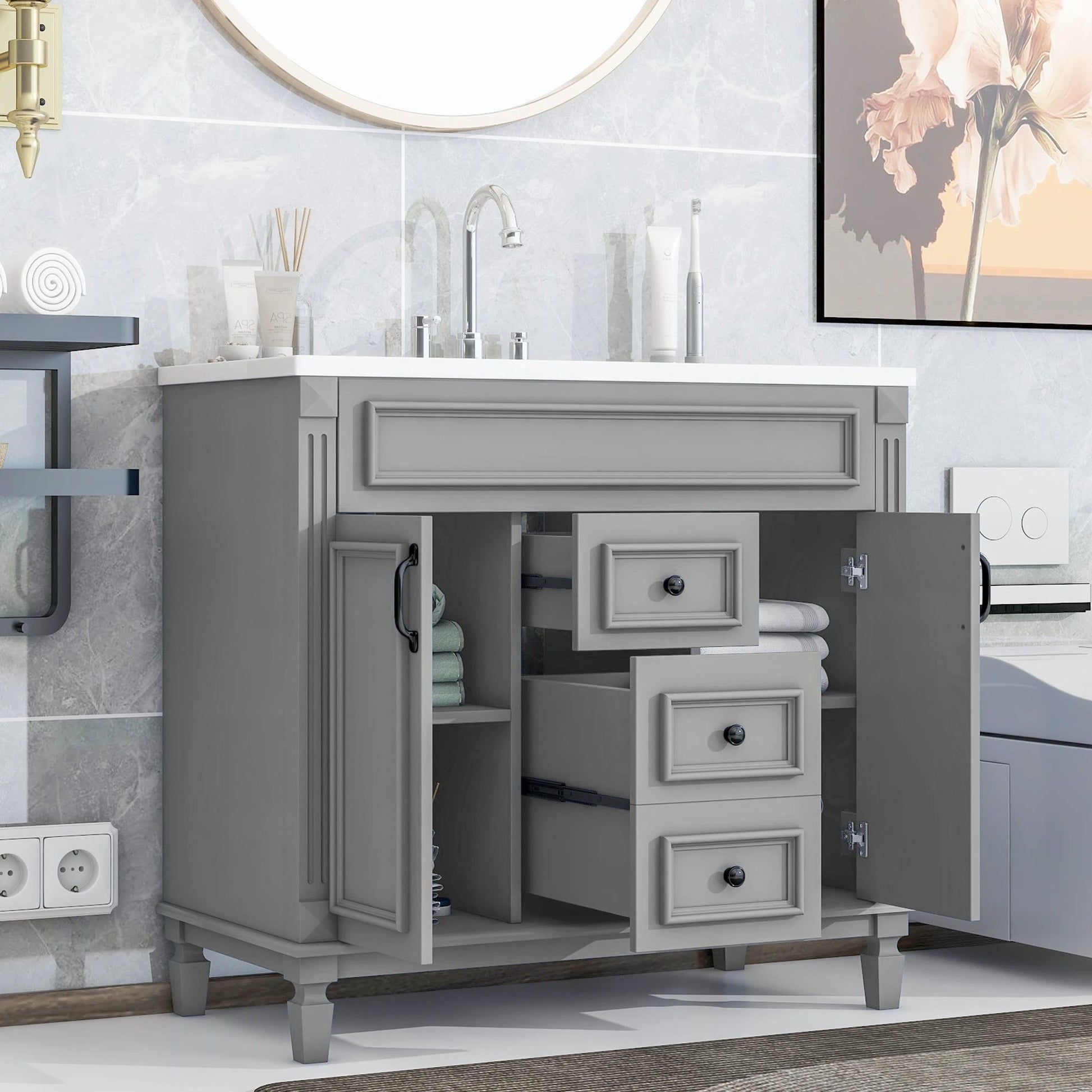 36'' Bathroom Vanity with Top Sink, Modern Bathroom Storage Cabinet with 2 Soft Closing Doors and 2 Drawers, Single Sink Bathroo by eprolo