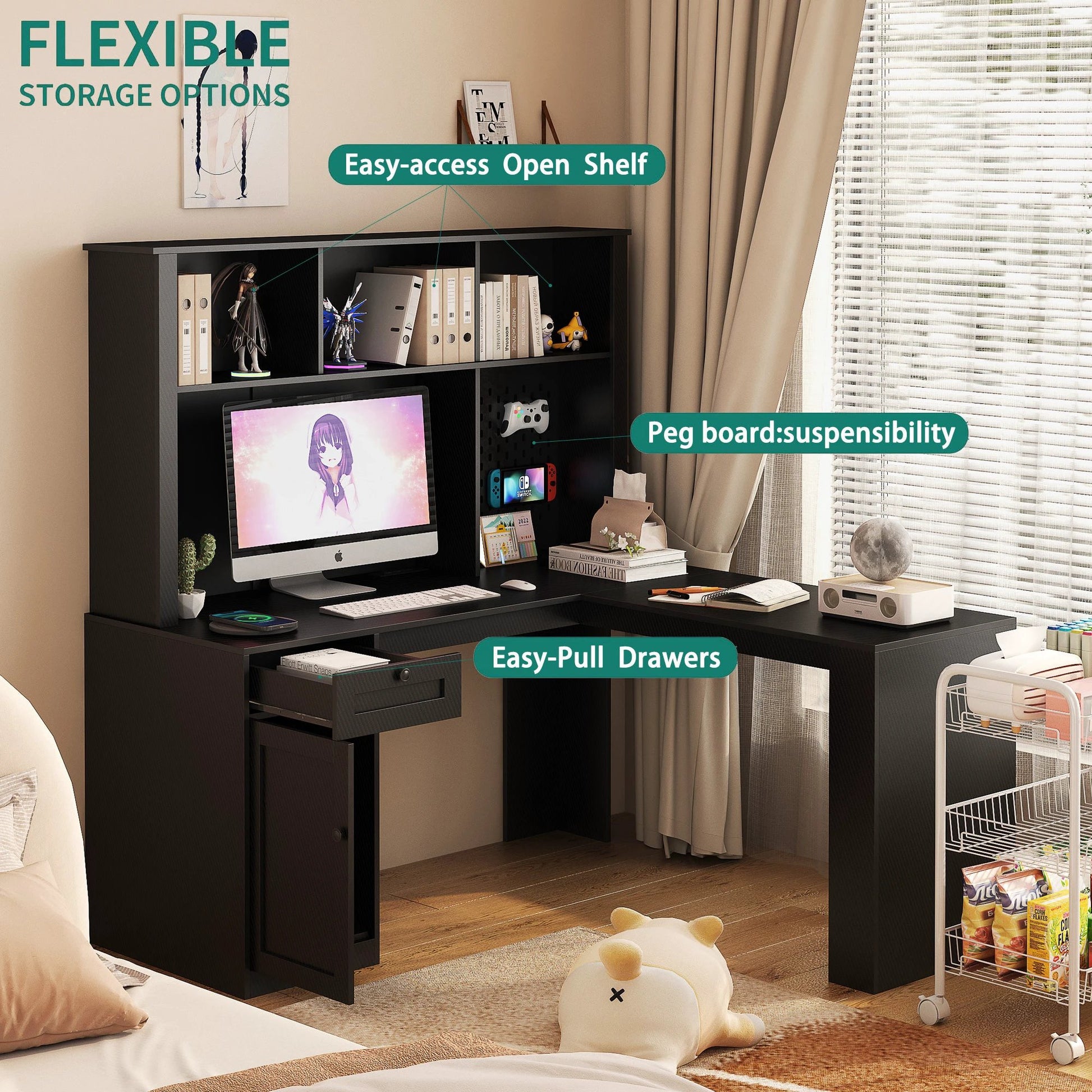 Writing desk with drawer bookshelf and charger, modern L-shaped desk with storage space, corner gaming computer desk by eprolo