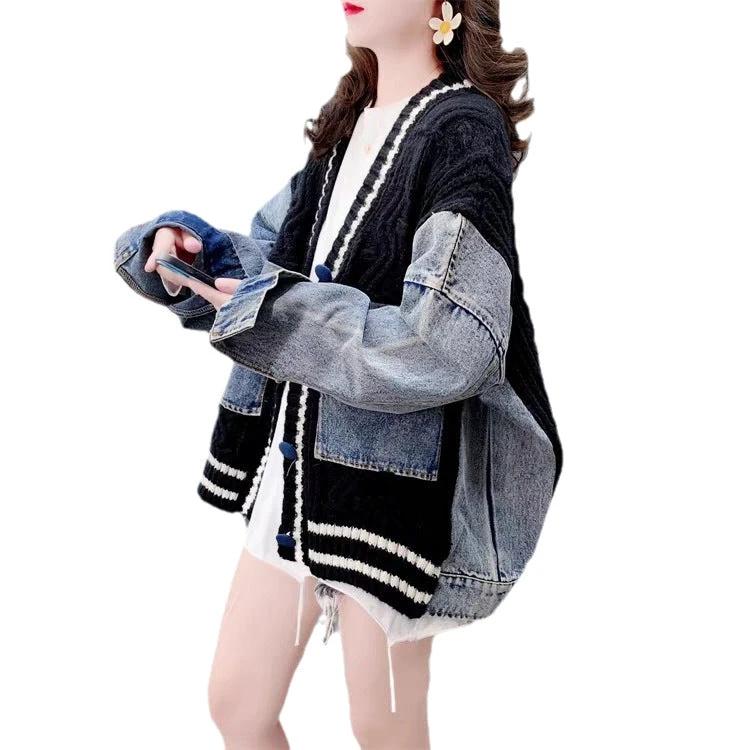 Loose Lazy Style Denim Patchwork Knit Cardigan for Women Retro Versatile Outerwear Top Trendy by eprolo