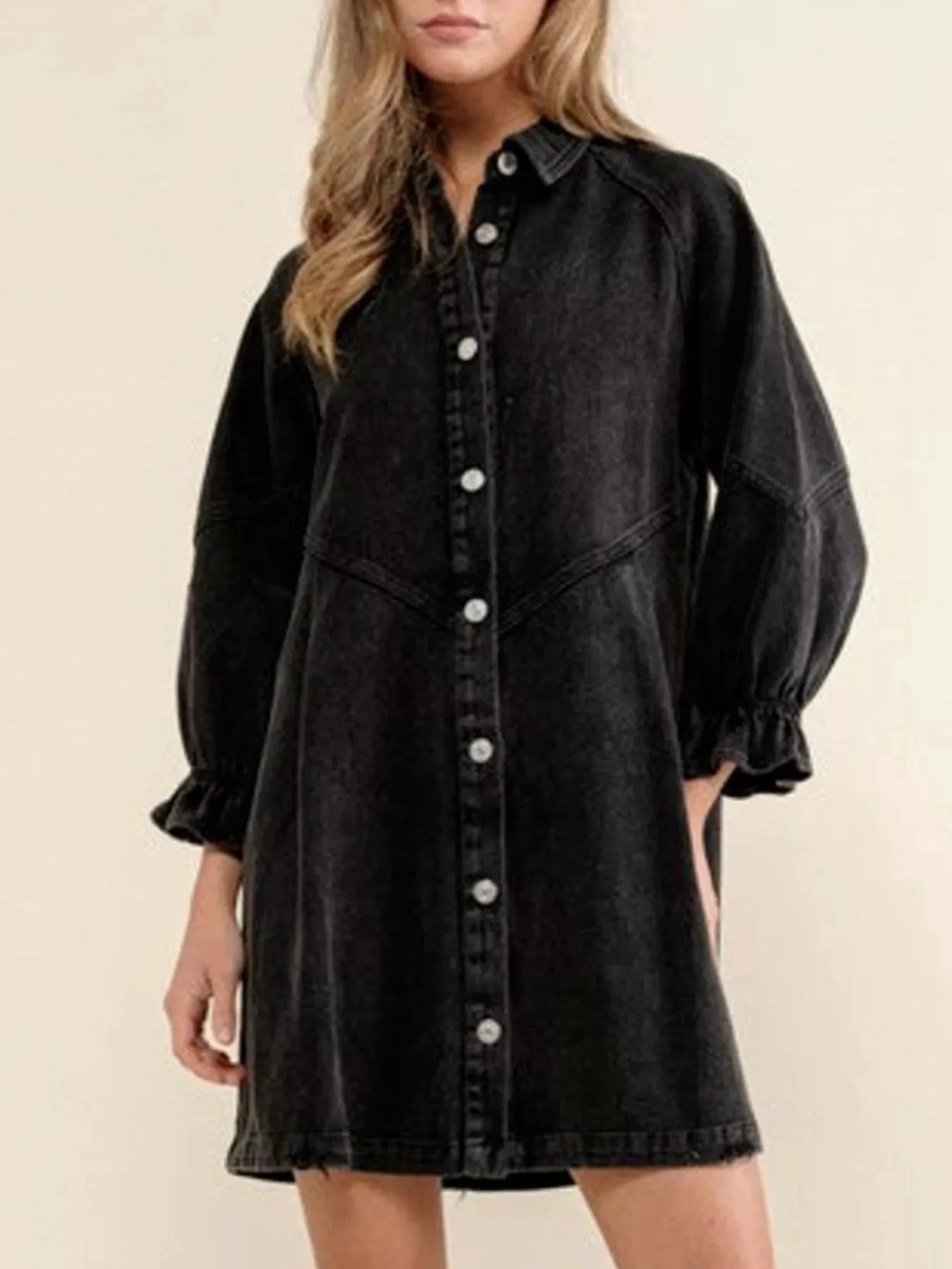 Ruffled Cuff Button-Down Denim Dress by Trendsi