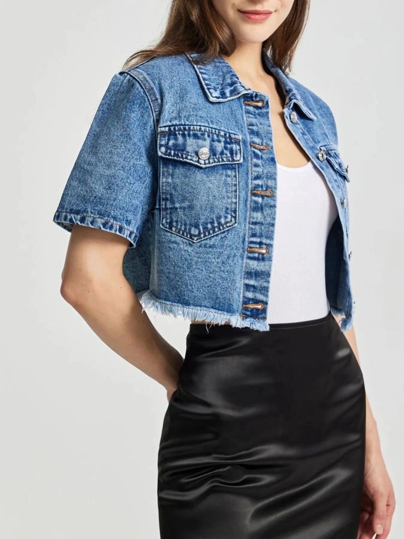 Cropped Short Sleeve Denim Jacket with Frayed Hem by Trendsi