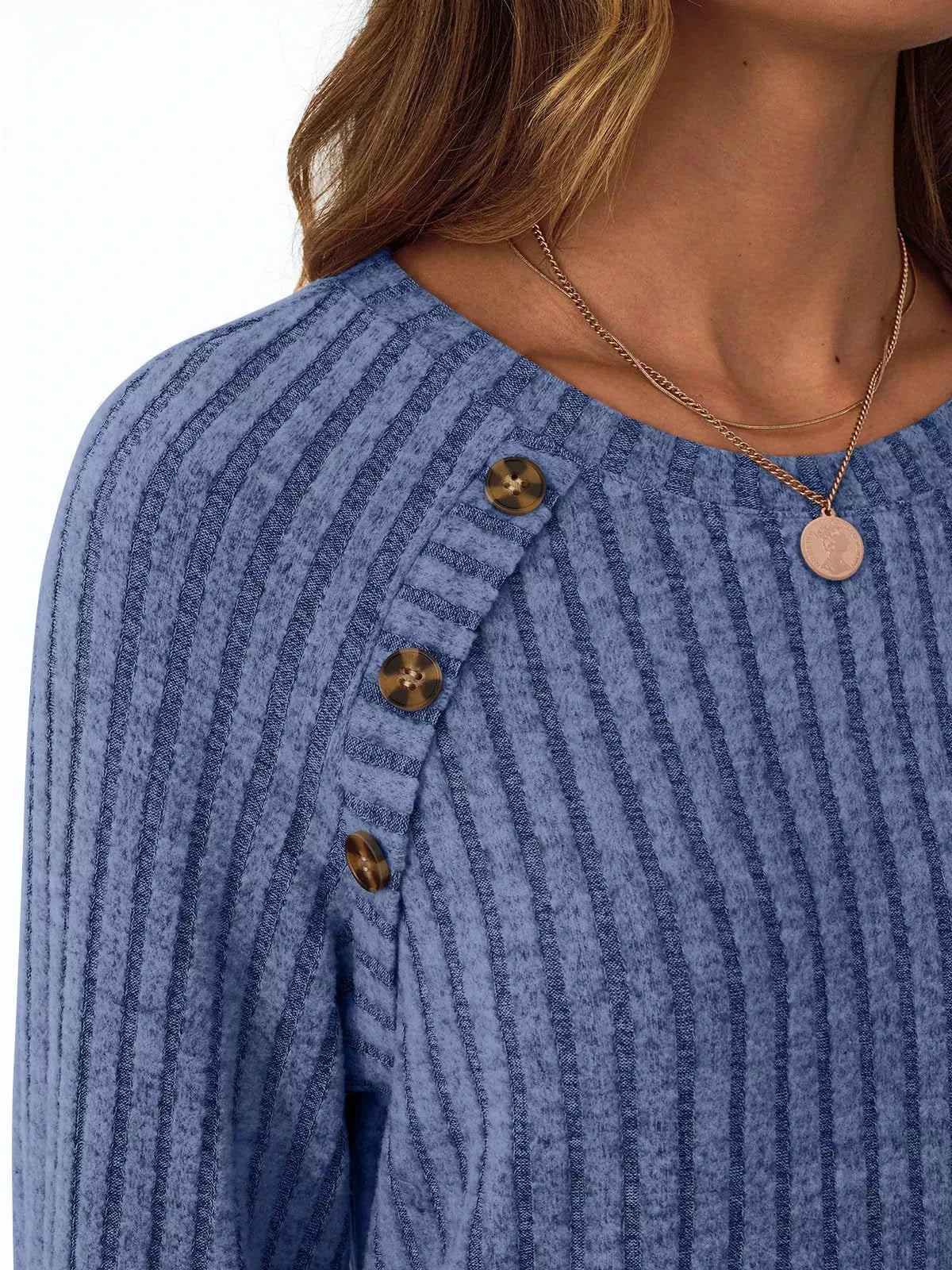 Ribbed Knit Decor Button Long Sleeve T-Shirt by Trendsi