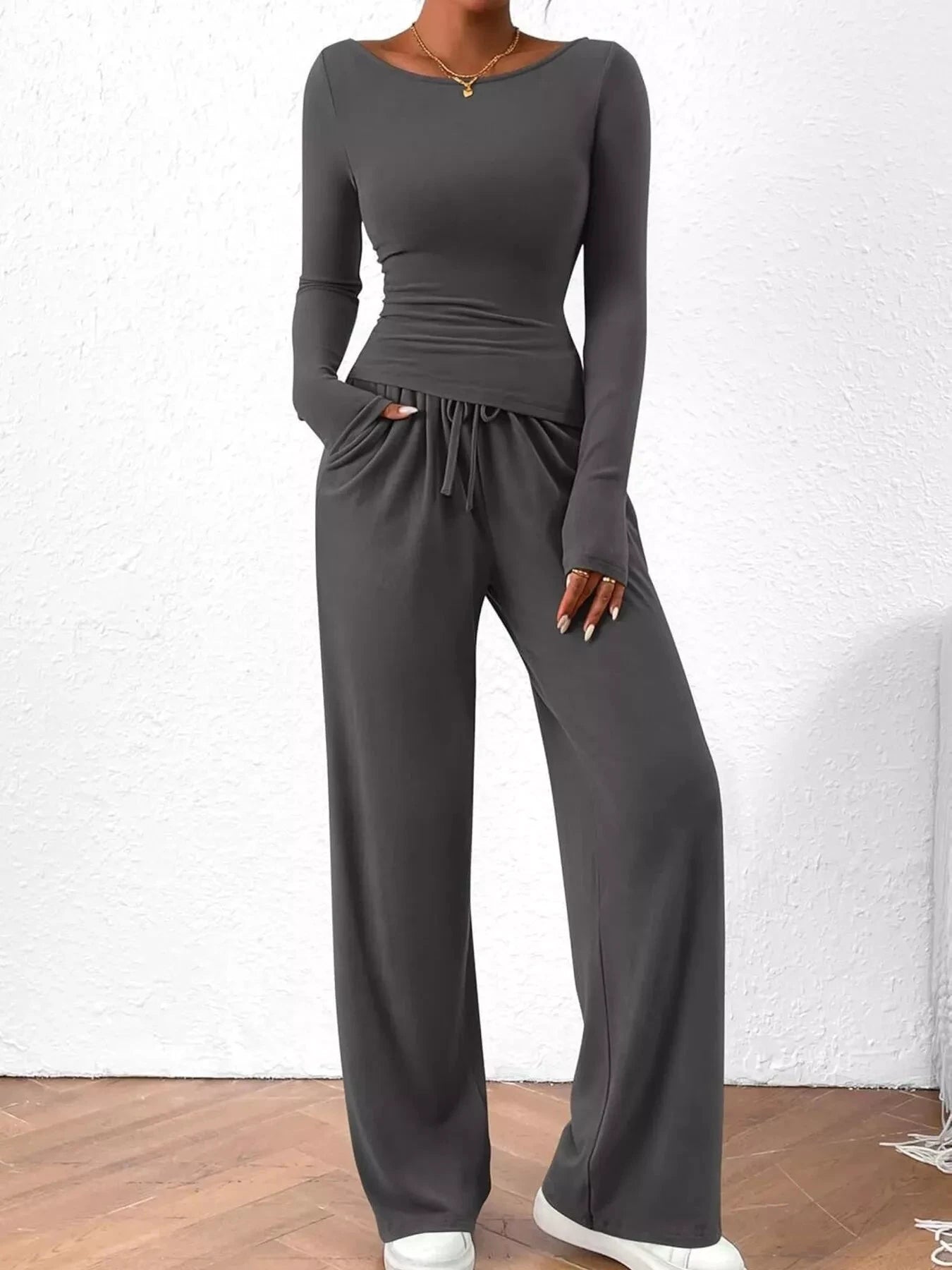 Long Sleeve Top and Wide Leg Pants Set by Trendsi
