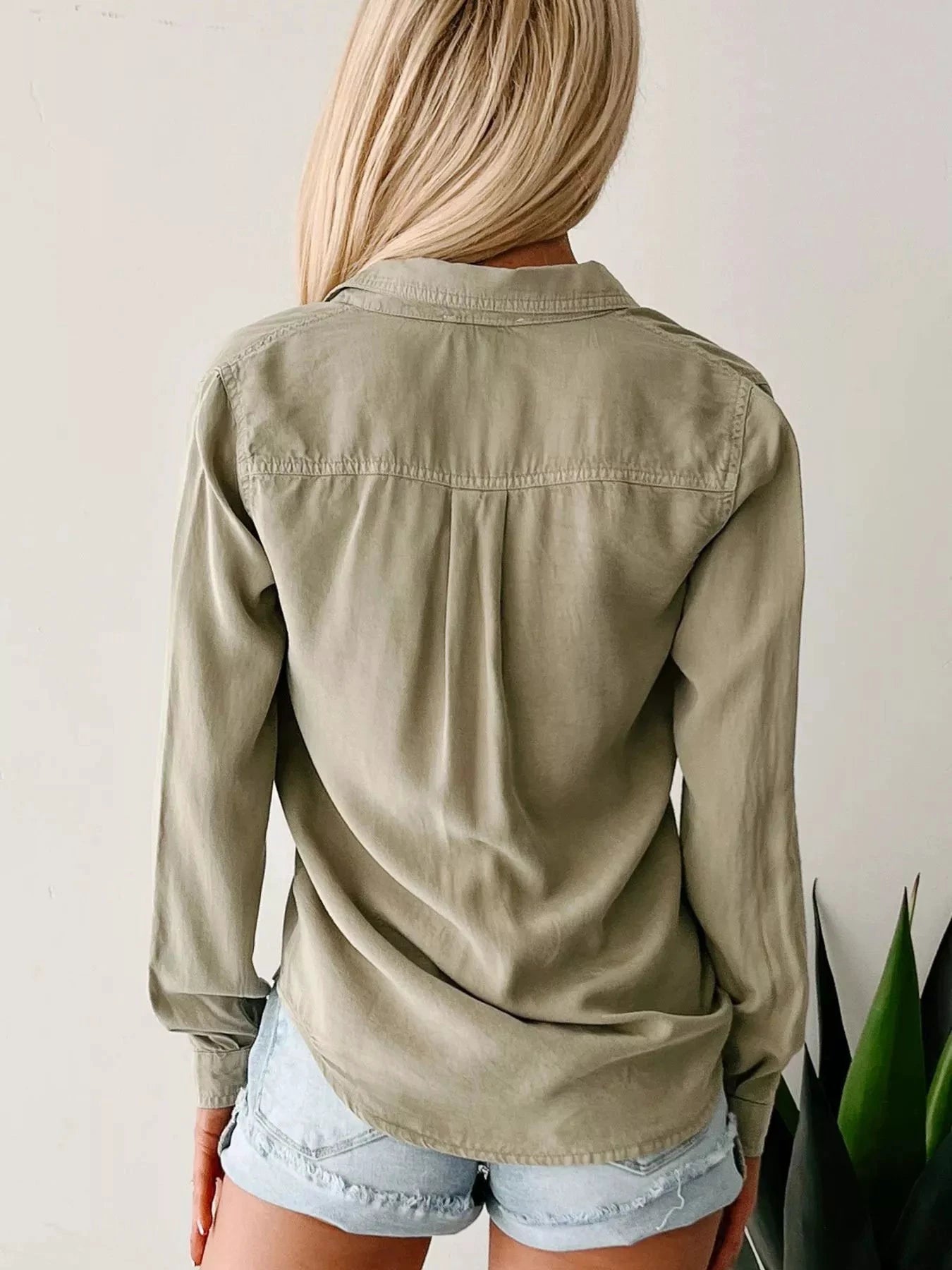 Button-Down Collared Neck Denim Shirt by Trendsi