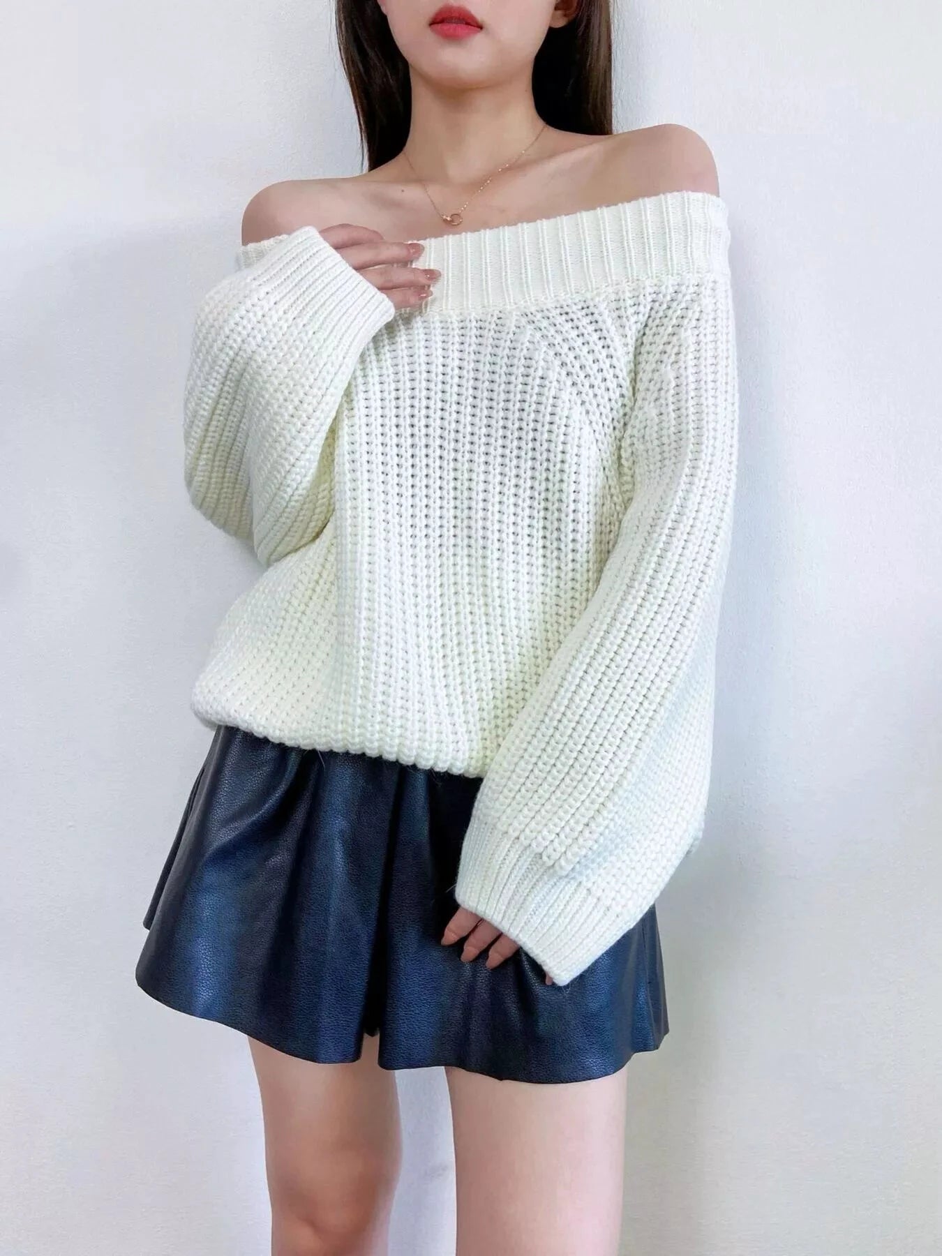 Off-Shoulder Chunky Knit Sweater by Trendsi