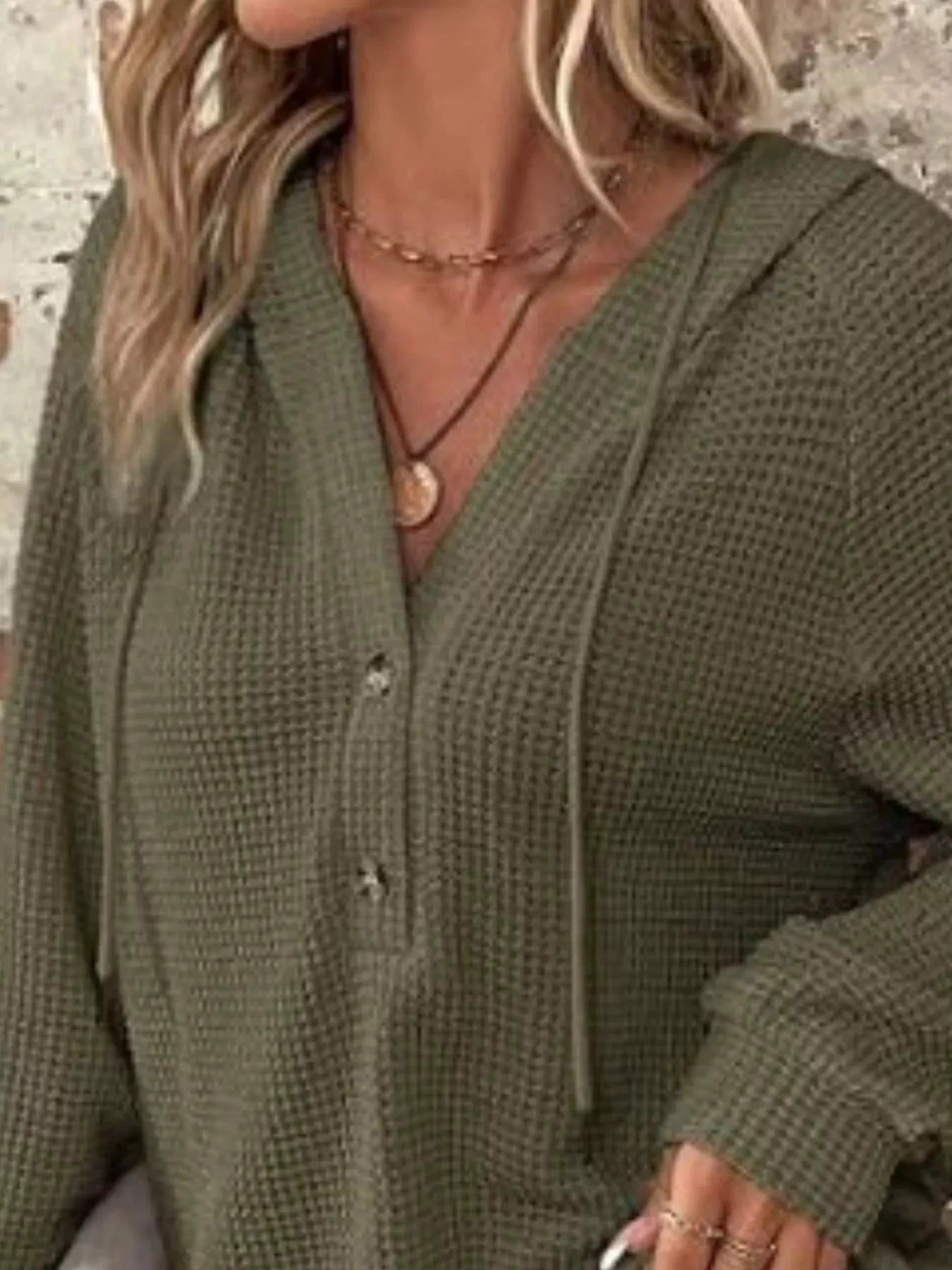 Waffle Knit Button Detail Hoodie by Trendsi