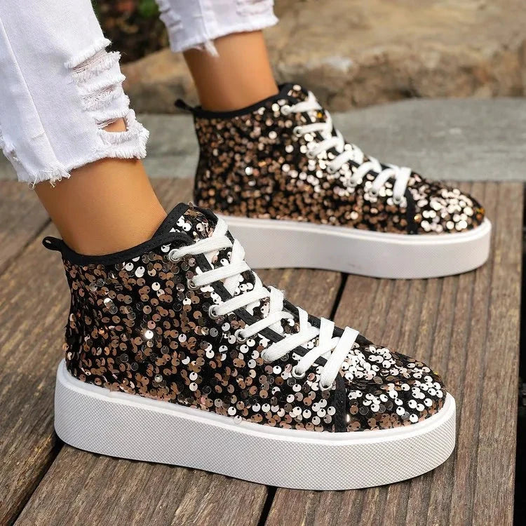 Sequin Round Toe Platform Sneakers by Trendsi