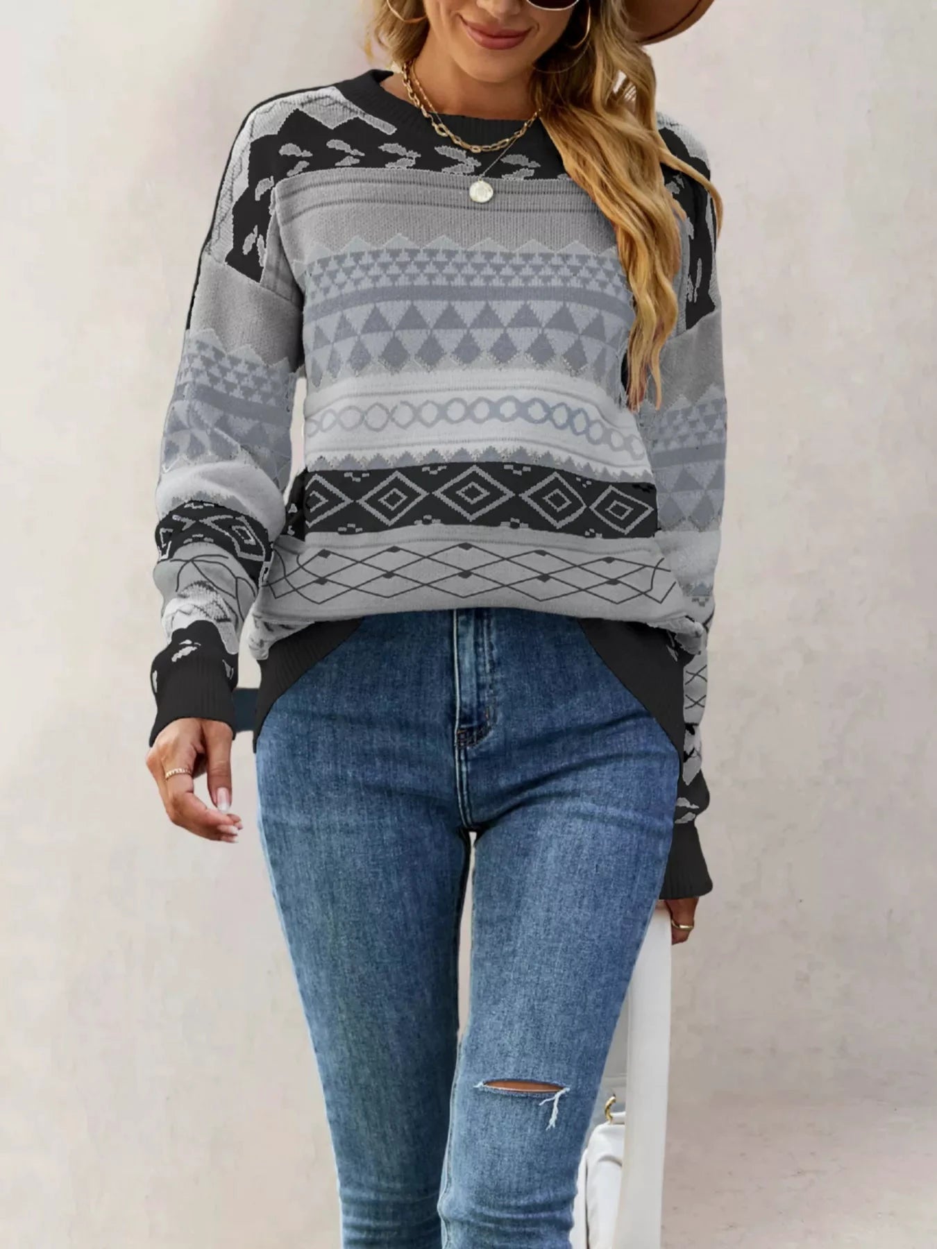 Geometric Pattern Round Neck Sweater by Trendsi