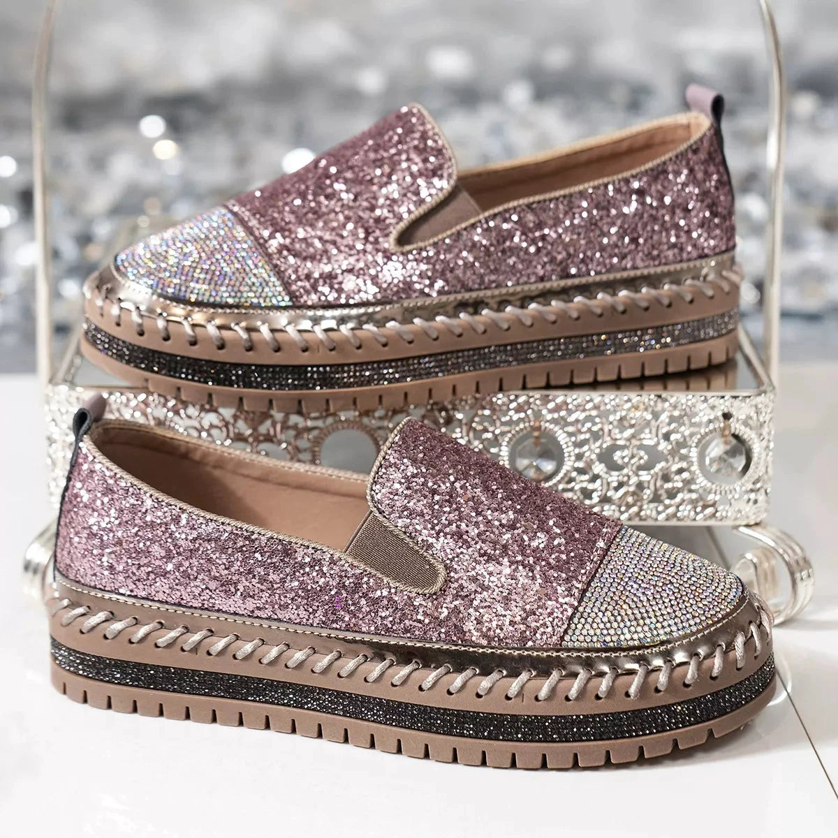 Rhinestone Sequin Round Toe Platform Loafers by Trendsi