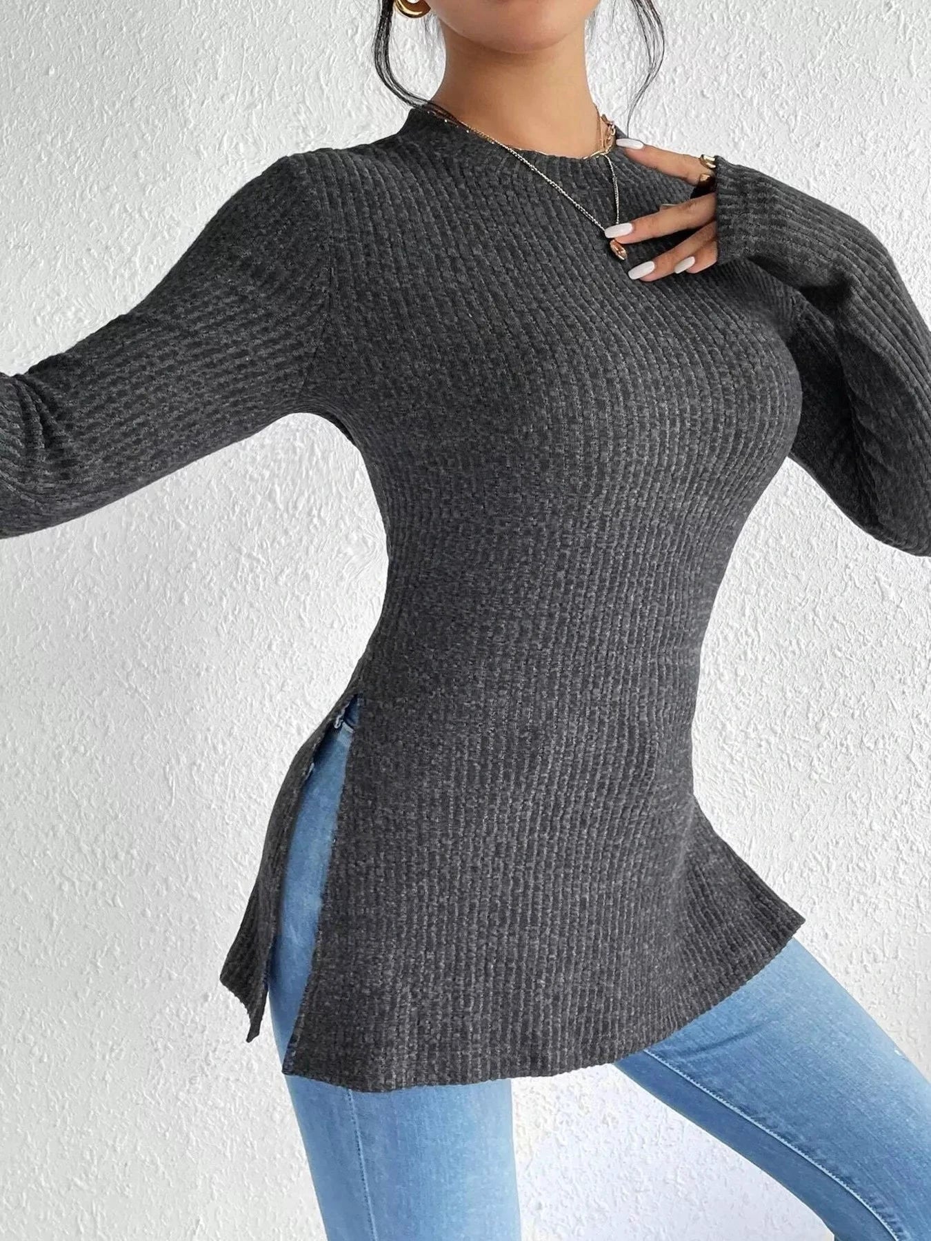 Slit Round Neck Long Sleeve T-Shirt by Trendsi