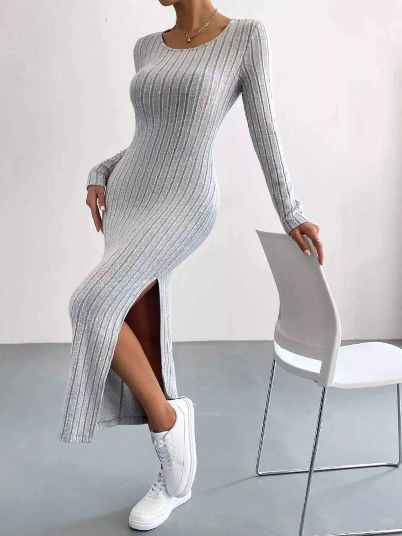 Full Size Ribbed Knit Bodycon Midi Dress Plus Size by Trendsi