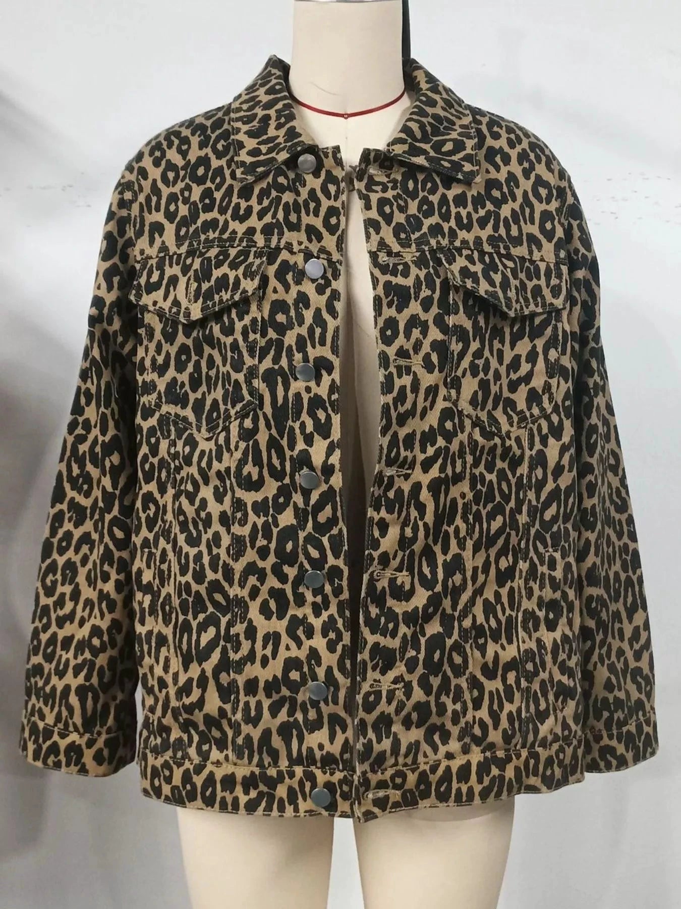 Leopard Button Up Long Sleeve Denim Jacket by Trendsi