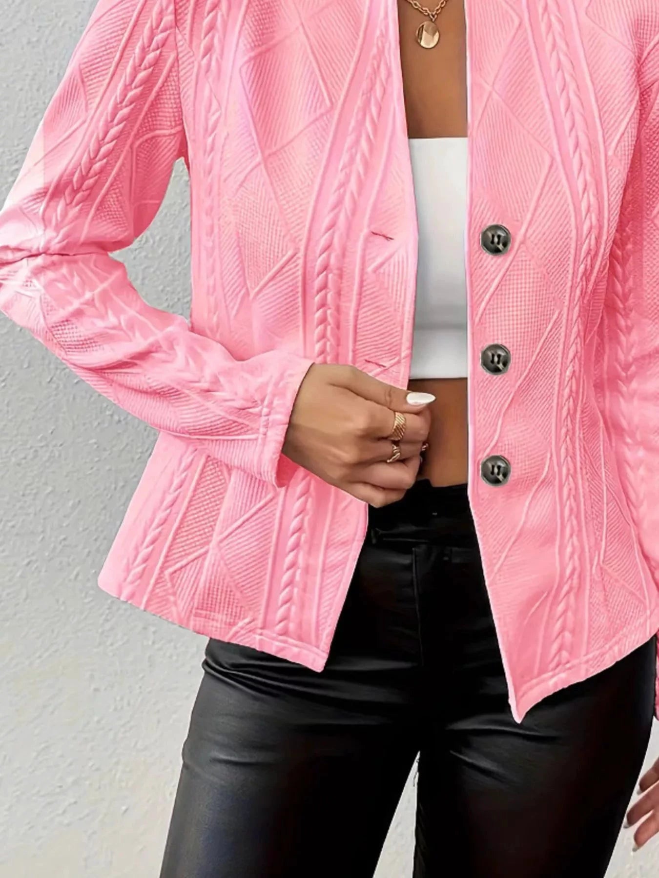 Textured Knit Button-Front Blazer by Trendsi