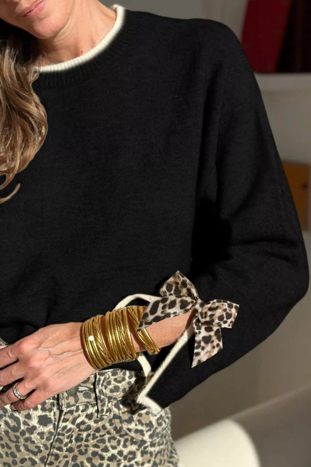 Leopard Bow Decor Split Cuff Contrast Trim Sweater by Trendsi