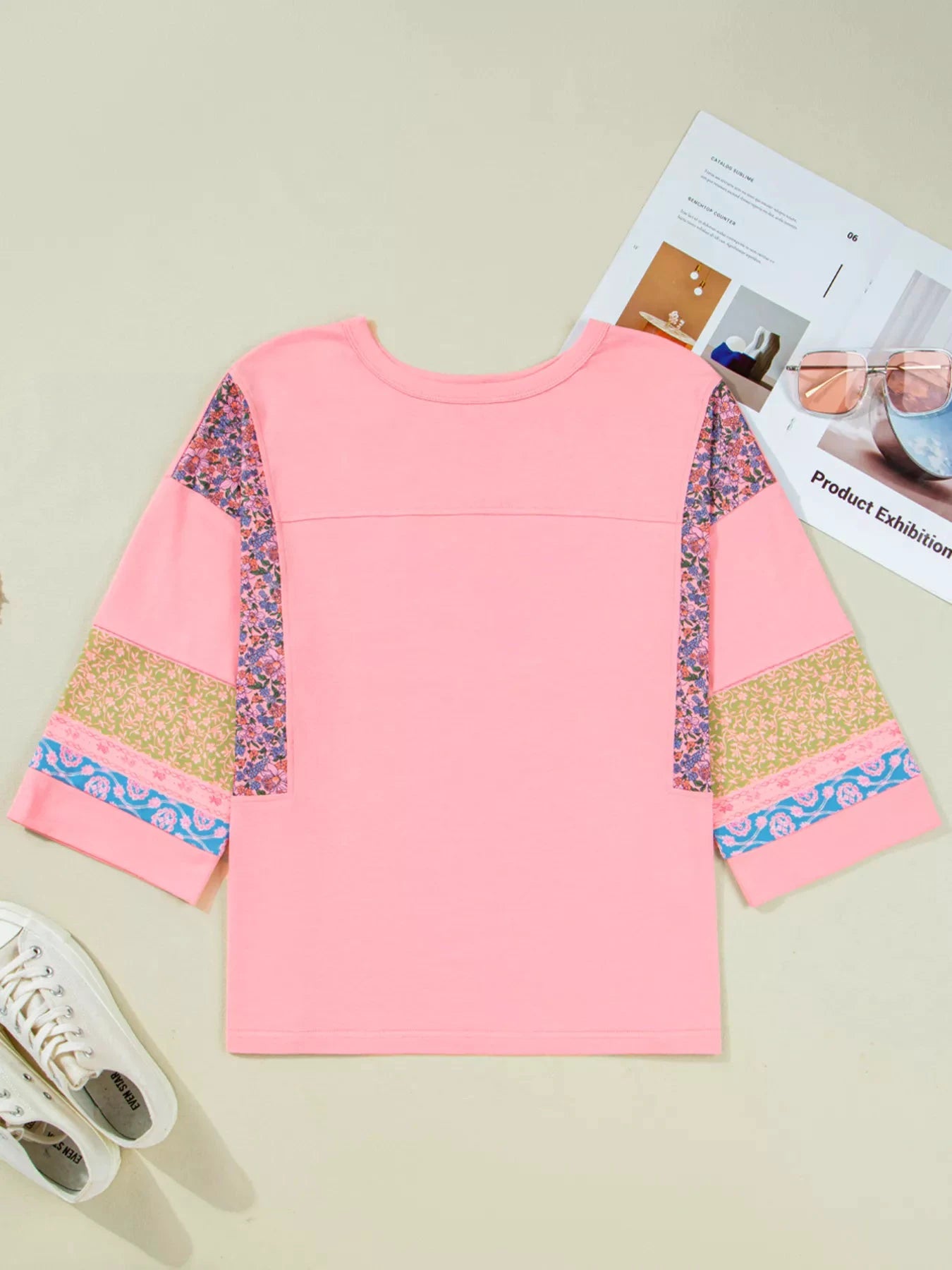 Floral Color Block Patchwork Long Sleeve Top by Trendsi