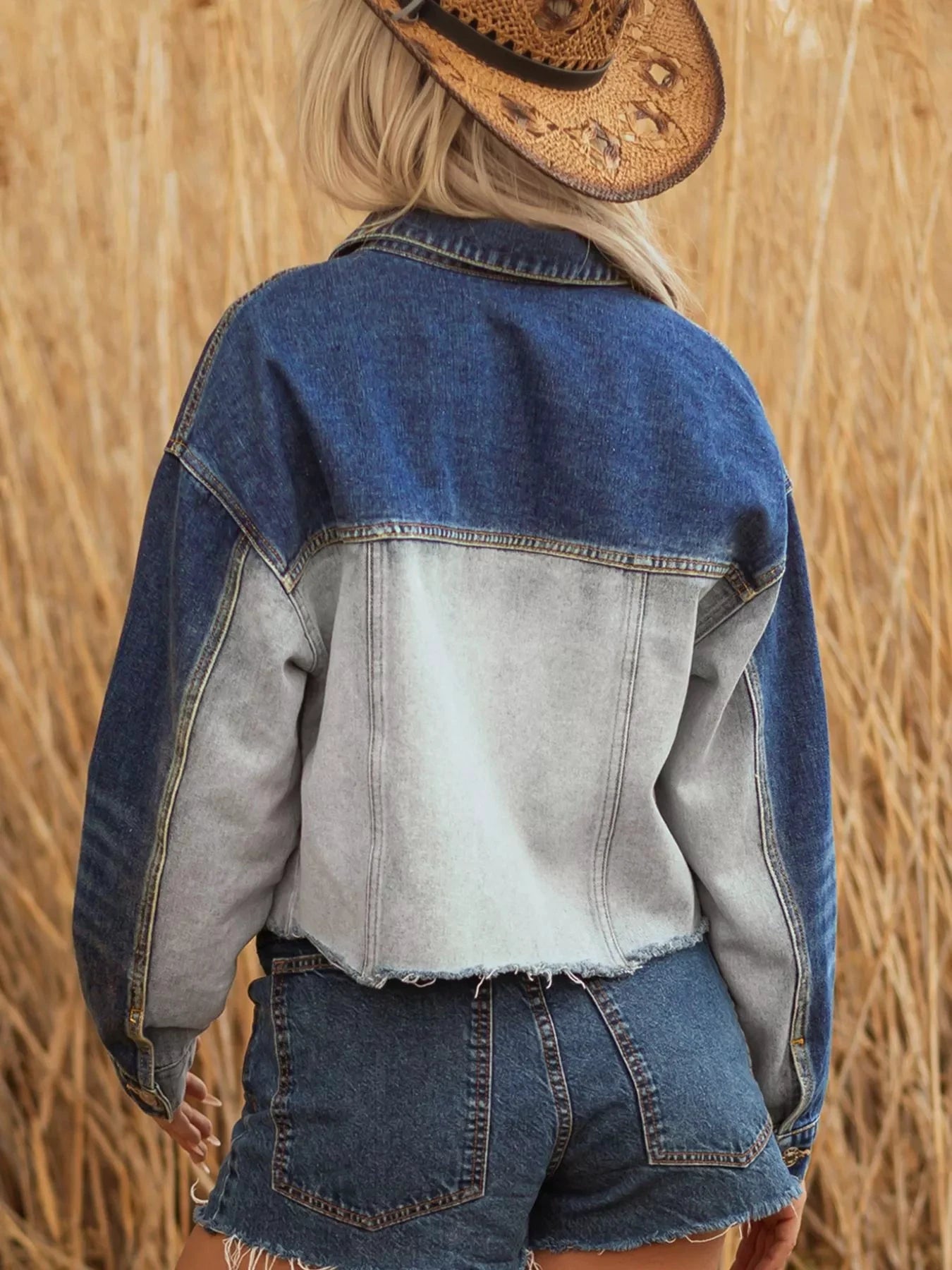 Color Block Patchwork Raw Hem Denim Jacket by Trendsi