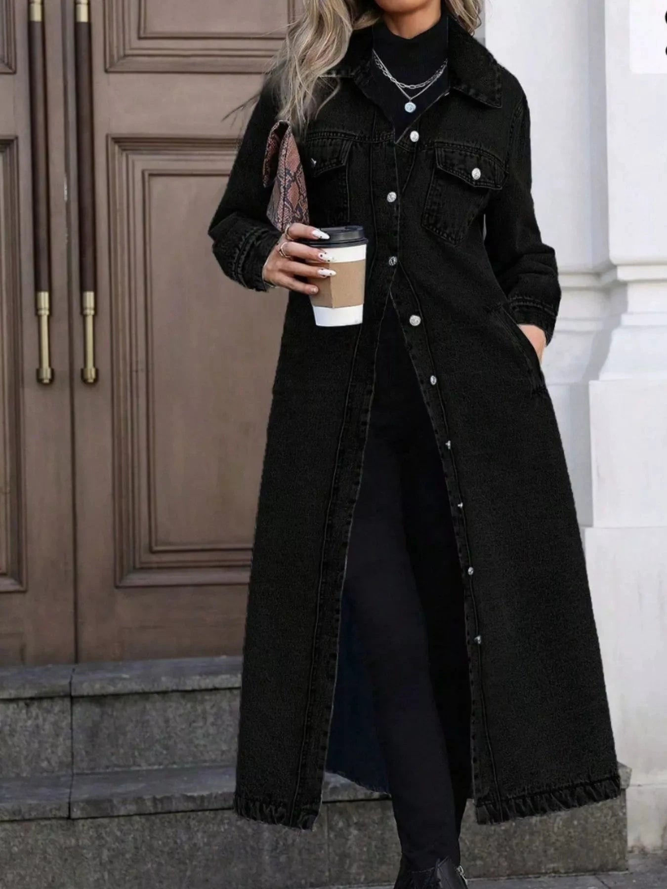 Longline Button-Front Denim Jacket by Trendsi