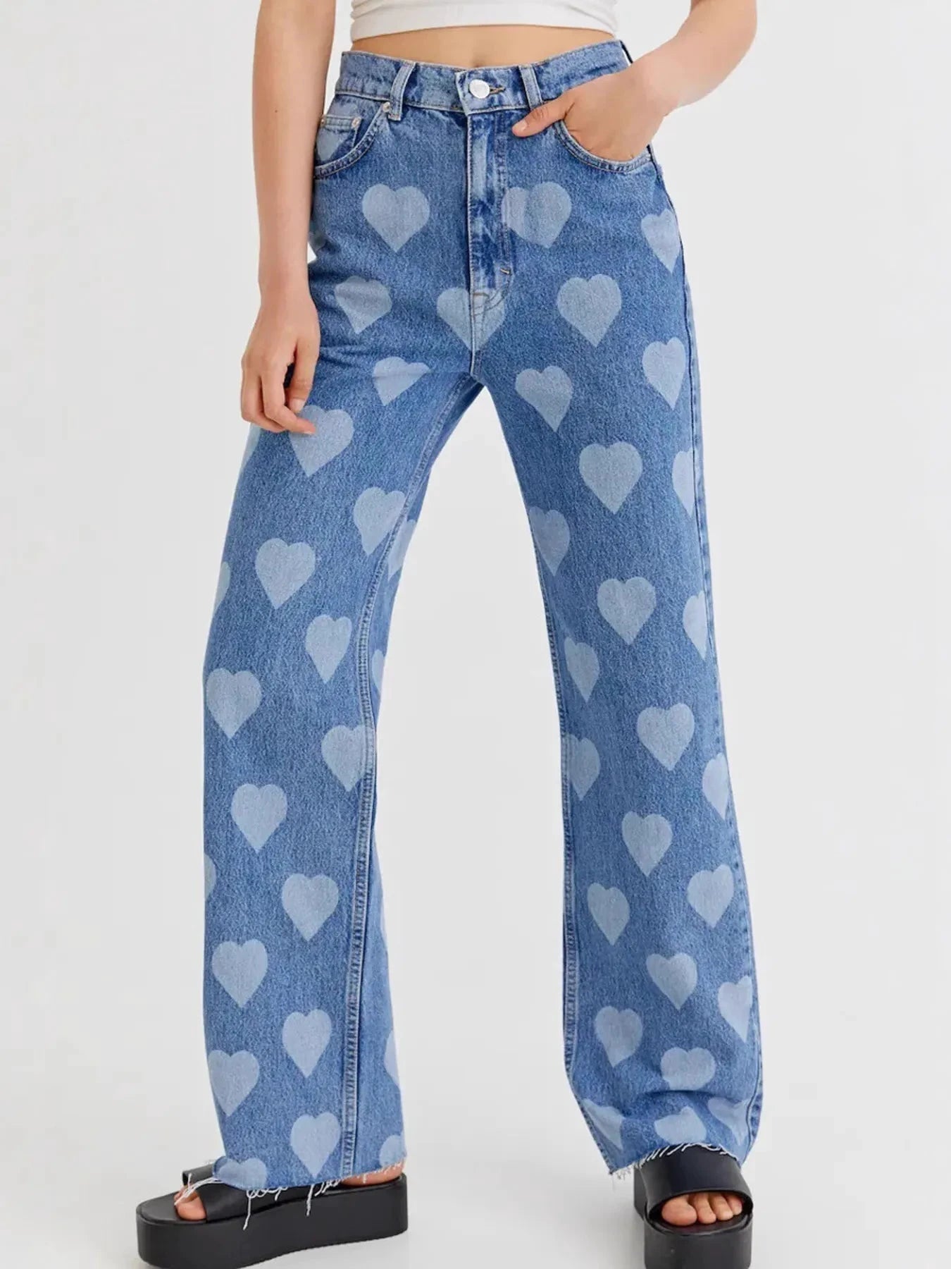 Heart Pattern High-Waist Wide Leg Jeans by Trendsi