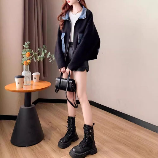 Denim Patchwork Knit Cardigan for Women, Short Length, Stylish and Versatile, Autumn/Winter Fashion Coat