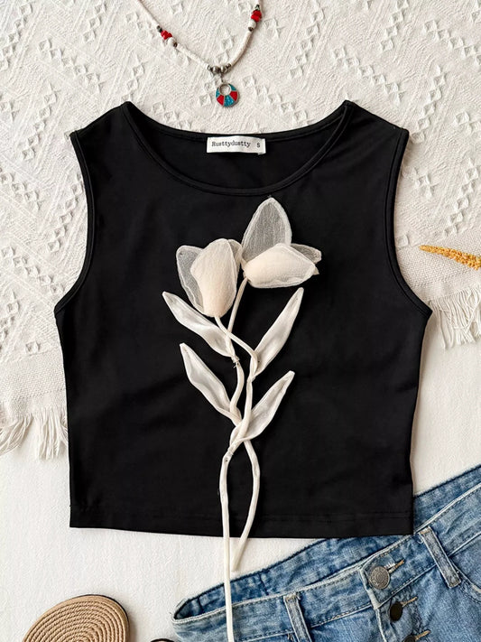 Floral Applique Round Neck Tank Top by Trendsi
