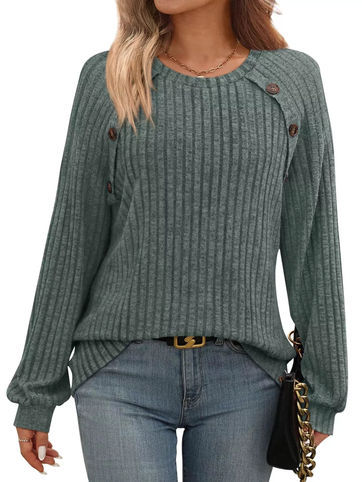 Ribbed Knit Decor Button Long Sleeve T-Shirt by Trendsi