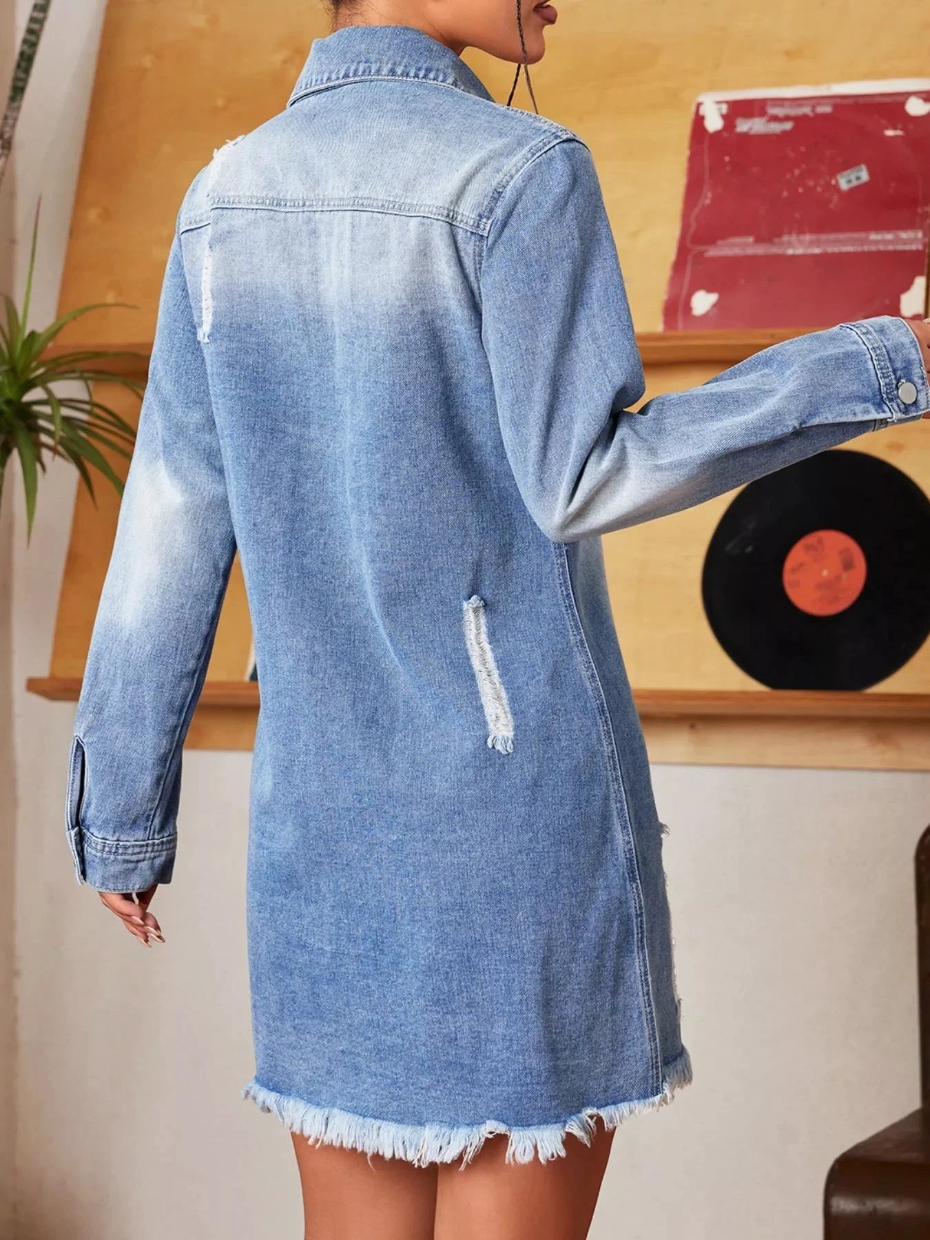 Distressed Raw Hem Denim Mini Dress by Trendsi