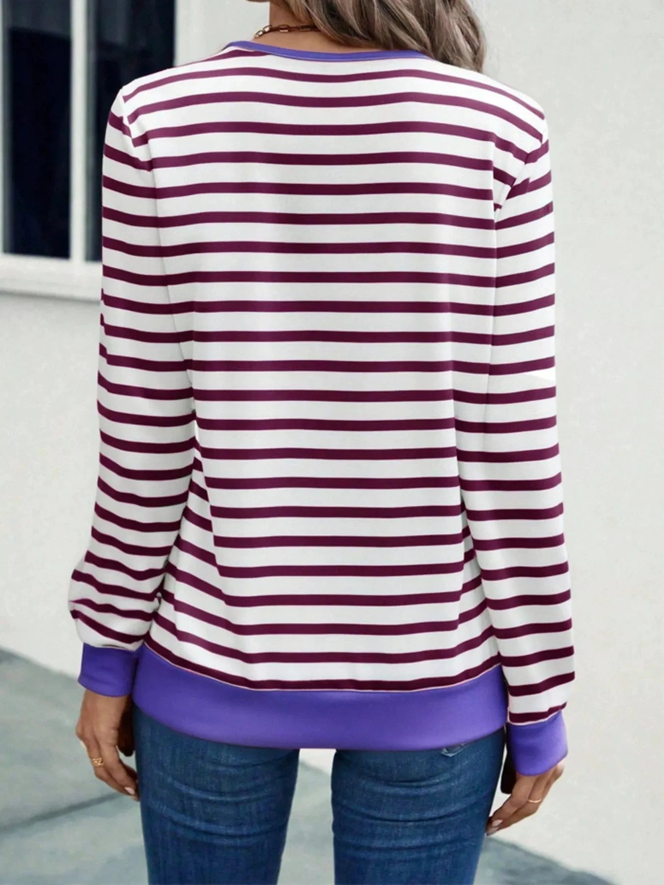 Striped V-Neck Long Sleeve T-Shirt by Trendsi