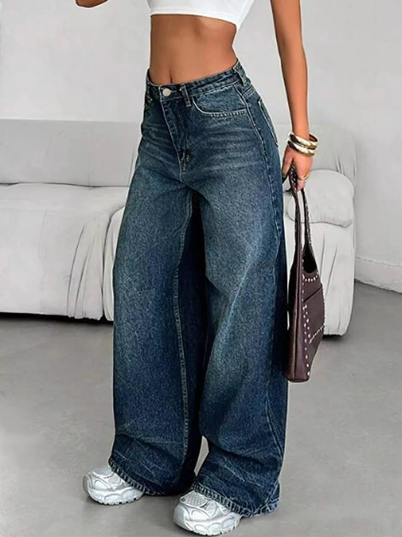 Vintage Wash Wide Leg Jeans by Trendsi