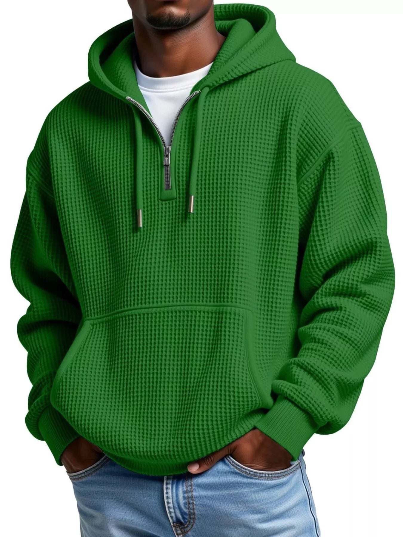 Men's Full Size Textured Waffle Knit Half-Zip Hoodie Plus Size by Trendsi