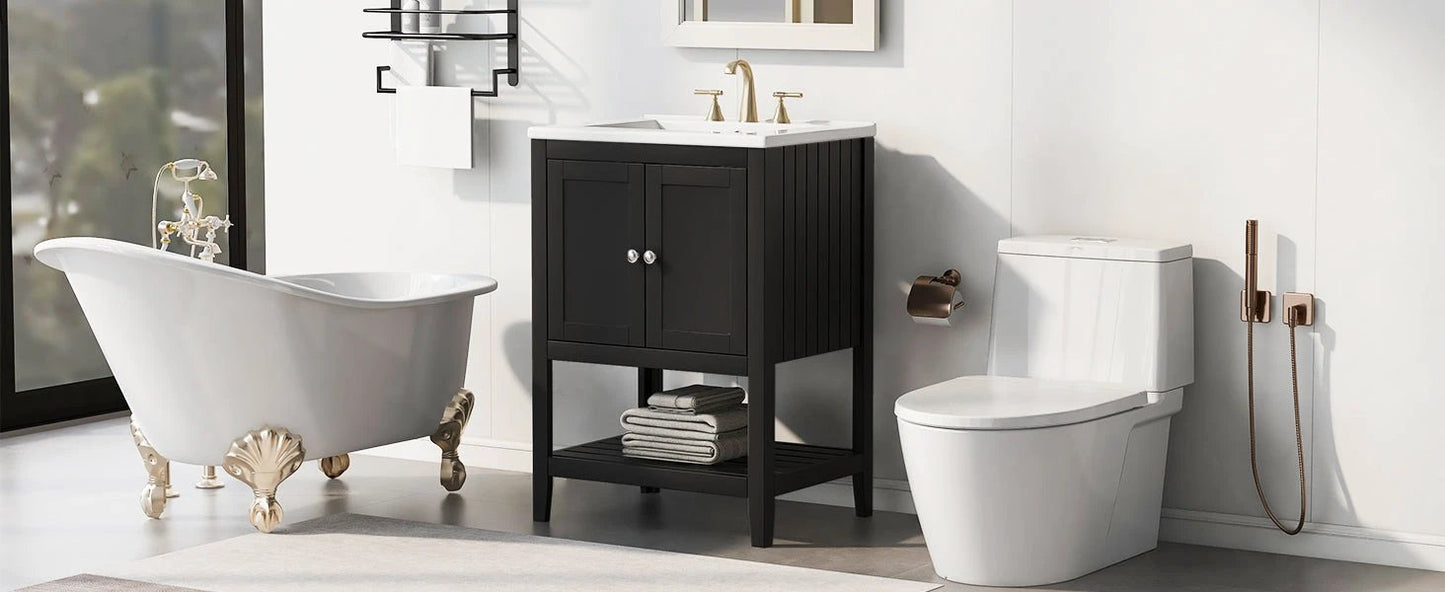 24" Black Modern Sleek Bathroom Vanity Elegant Ceramic Sink with Solid Wood Frame Open Style Shelf by eprolo