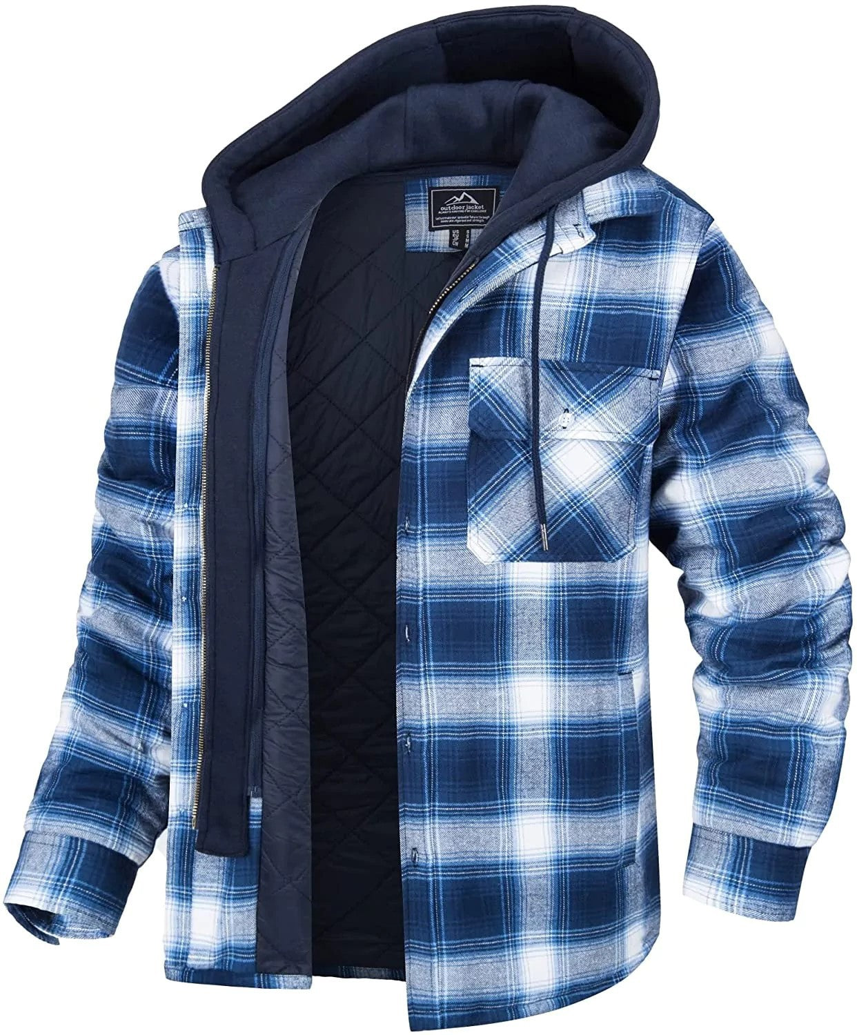 Men's Plaid Hooded Coat Winter Warm Button Zip-up Jacket Fashion Casual Thick Padded Long Sleeves Outerwear Clothing