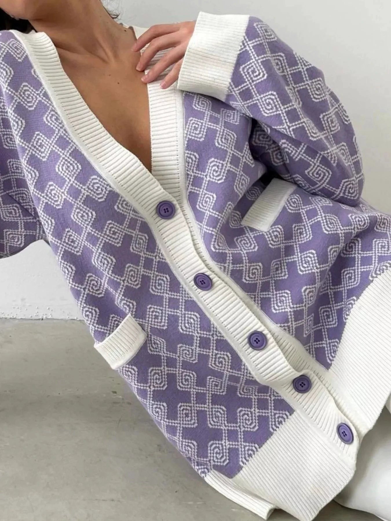 Geometric Pattern Button-Down Cardigan by Trendsi