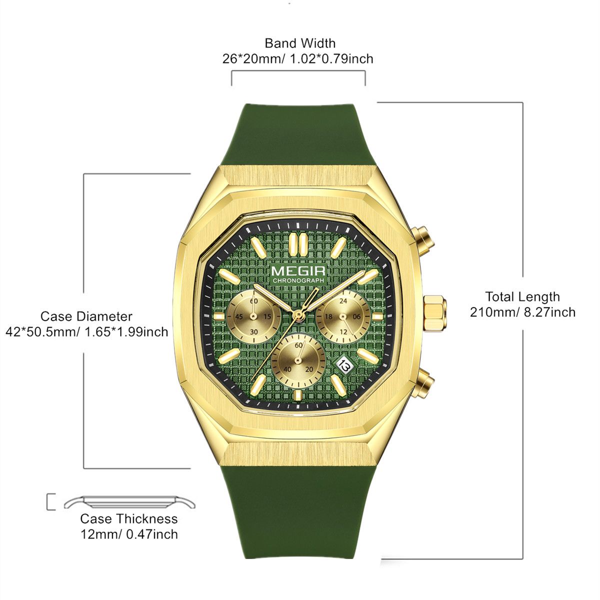 Men's Luxury Quartz Watch Silicone Strap Waterproof 24H Military Style MEGIR Fashion Watches 2215