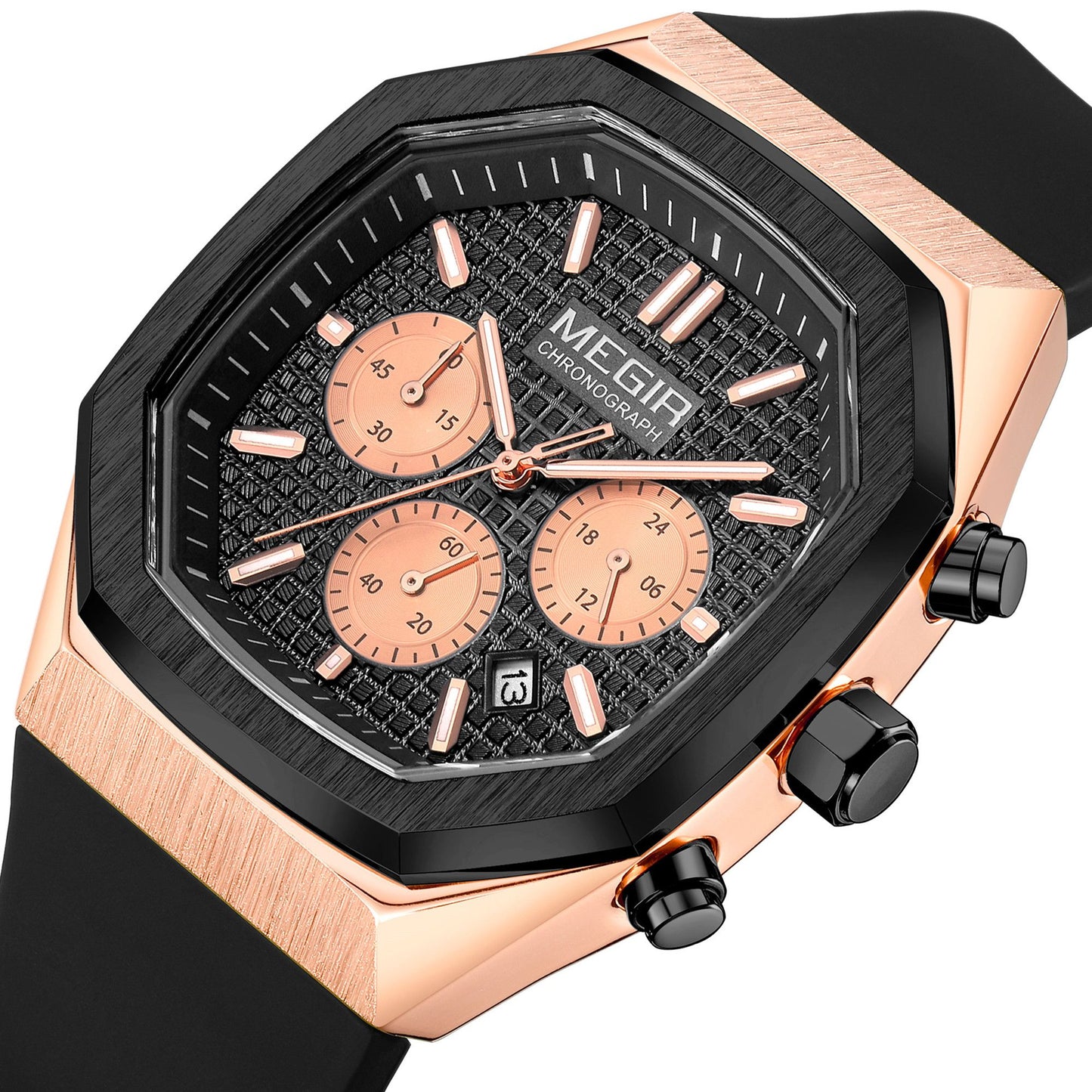 Men's Luxury Quartz Watch Silicone Strap Waterproof 24H Military Style MEGIR Fashion Watches 2215