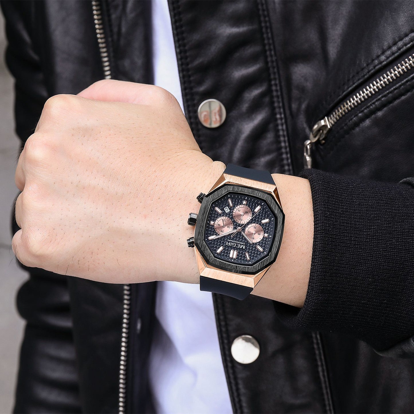 Men's Luxury Quartz Watch Silicone Strap Waterproof 24H Military Style MEGIR Fashion Watches 2215