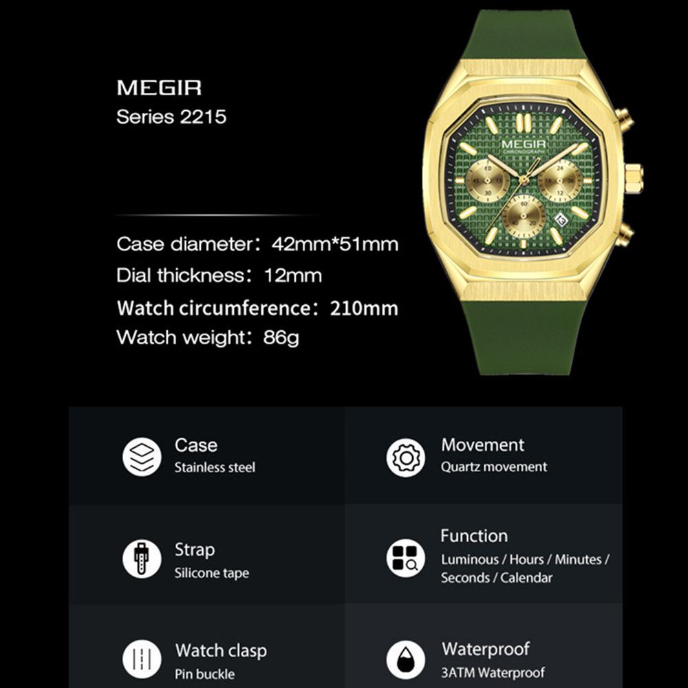 Men's Luxury Quartz Watch Silicone Strap Waterproof 24H Military Style MEGIR Fashion Watches 2215