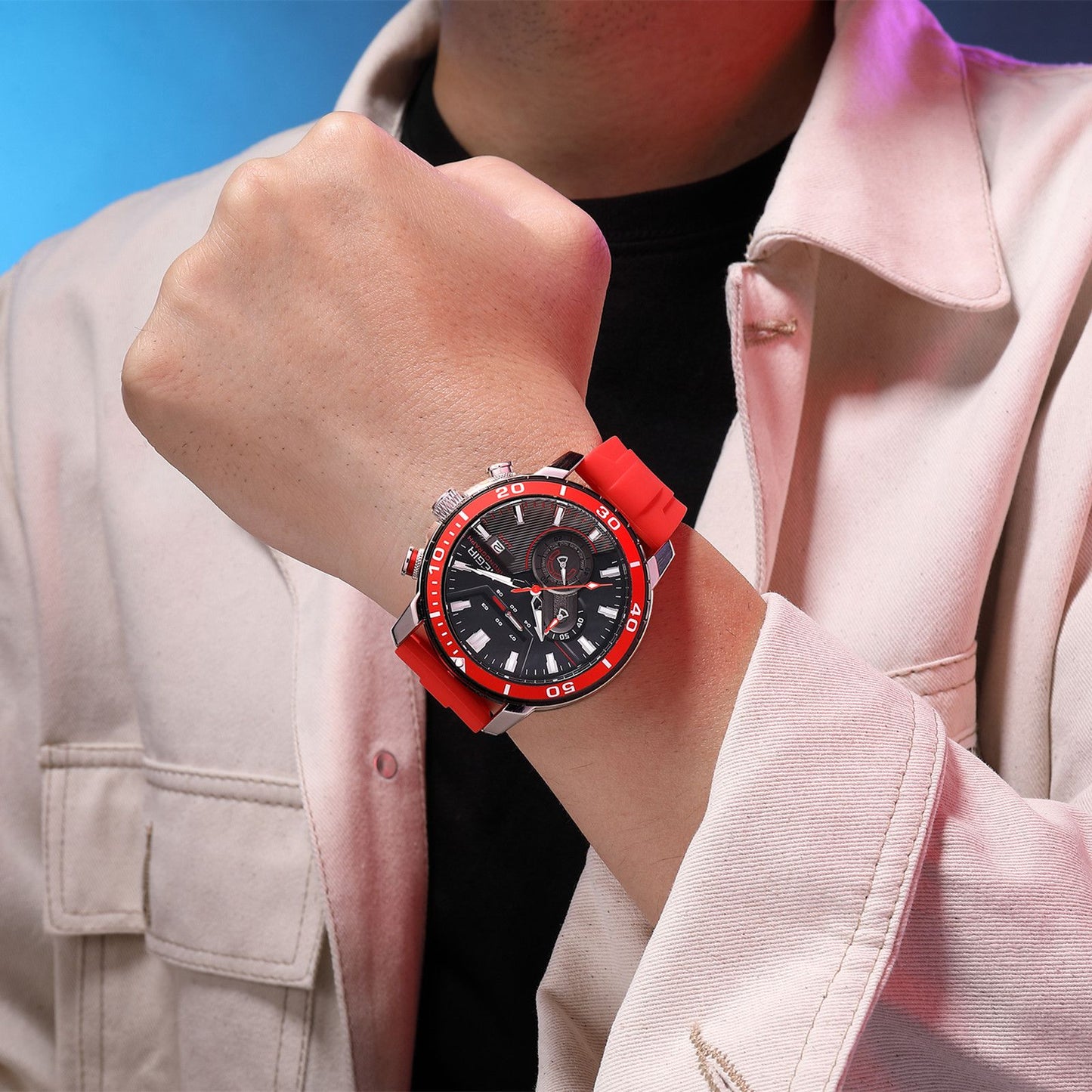 Luxury Men's Quartz Watch with Chronograph Function Water Resistant Silicone Band MEGIR Military Style Wristwatch