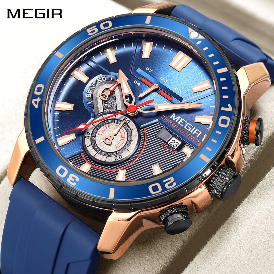 Luxury Men's Quartz Watch with Chronograph Function Water Resistant Silicone Band MEGIR Military Style Wristwatch