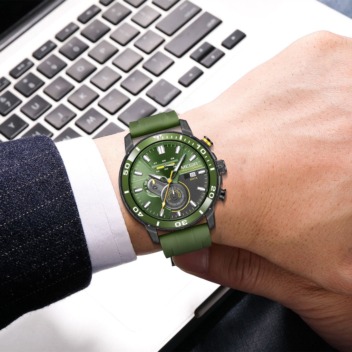 Luxury Men's Quartz Watch with Chronograph Function Water Resistant Silicone Band MEGIR Military Style Wristwatch