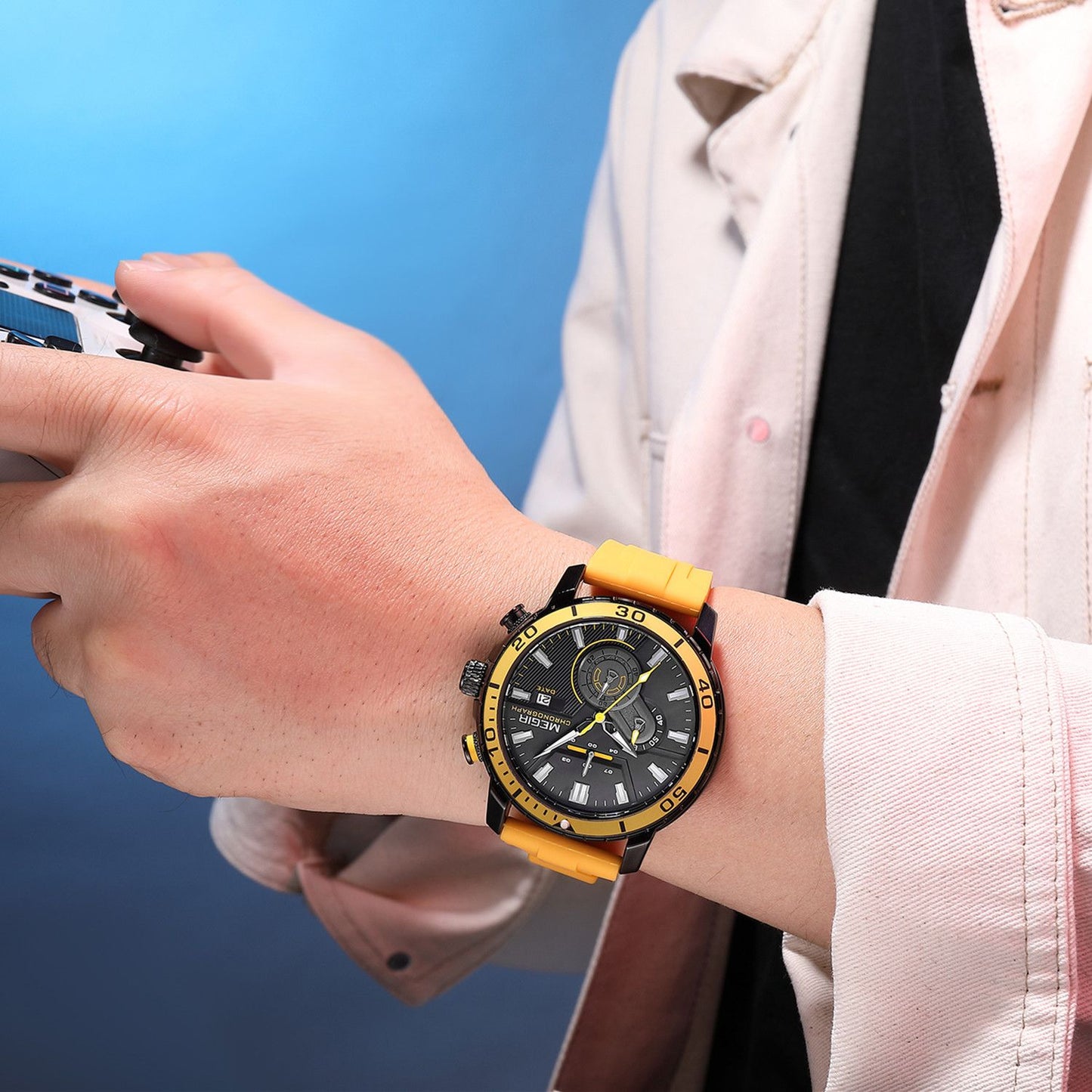 Luxury Men's Quartz Watch with Chronograph Function Water Resistant Silicone Band MEGIR Military Style Wristwatch