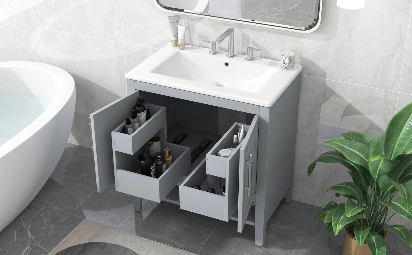 30" Bathroom Vanity with Sink, Multi-functional Bathroom Cabinet with Doors and Drawers, Solid Frame and MDF Board, Grey by eprolo