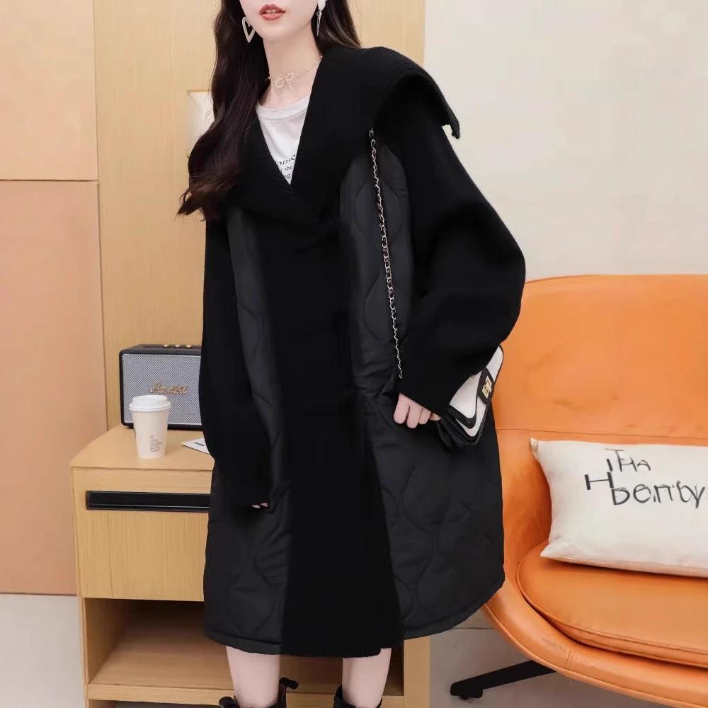 Feminine Knitted Cotton Coat with Disk Buttons, Notched Lapel, Patchwork Cardigan, Casual Loose Oversized European-Style Mid-Length Outerwear by eprolo