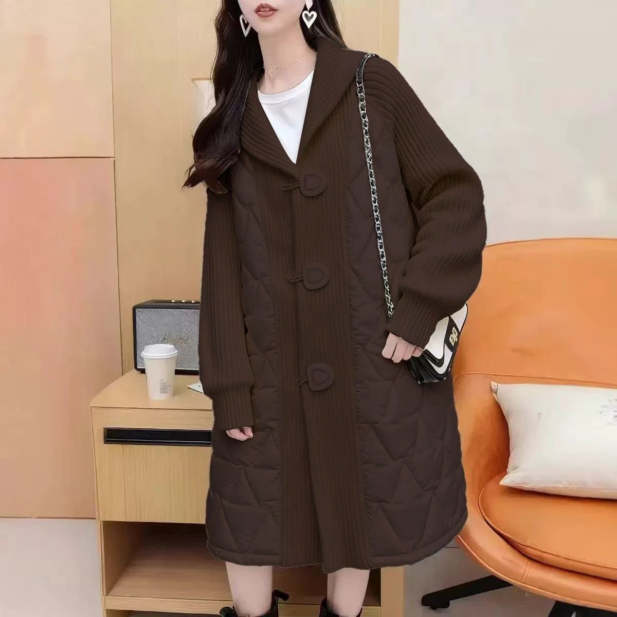 Feminine Knitted Cotton Coat with Disk Buttons, Notched Lapel, Patchwork Cardigan, Casual Loose Oversized European-Style Mid-Length Outerwear by eprolo