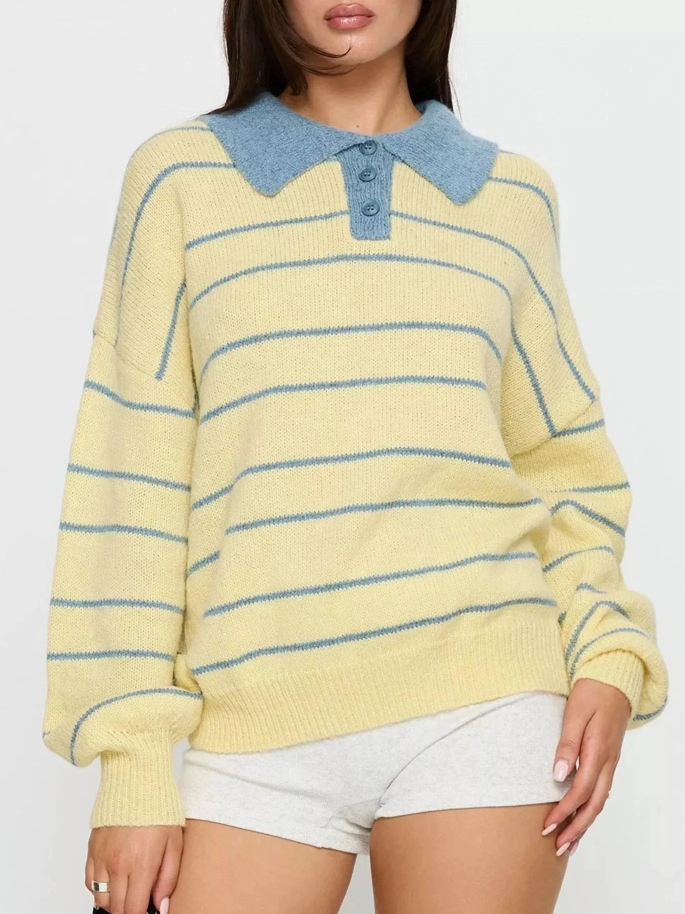 Striped Polo Collar Long Sleeve Sweater by Trendsi