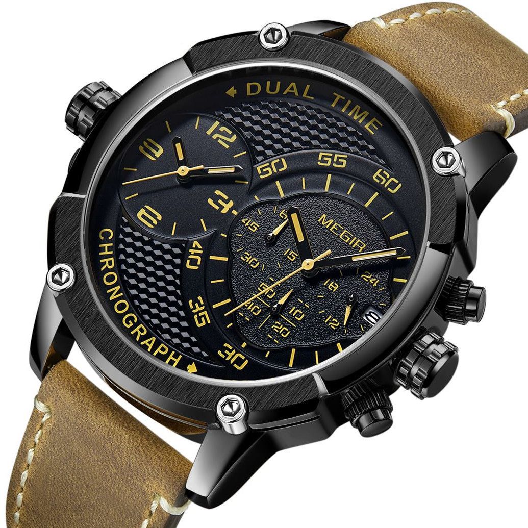 Luxury Men's Watches MEGIR Chronograph Quartz Leather Band