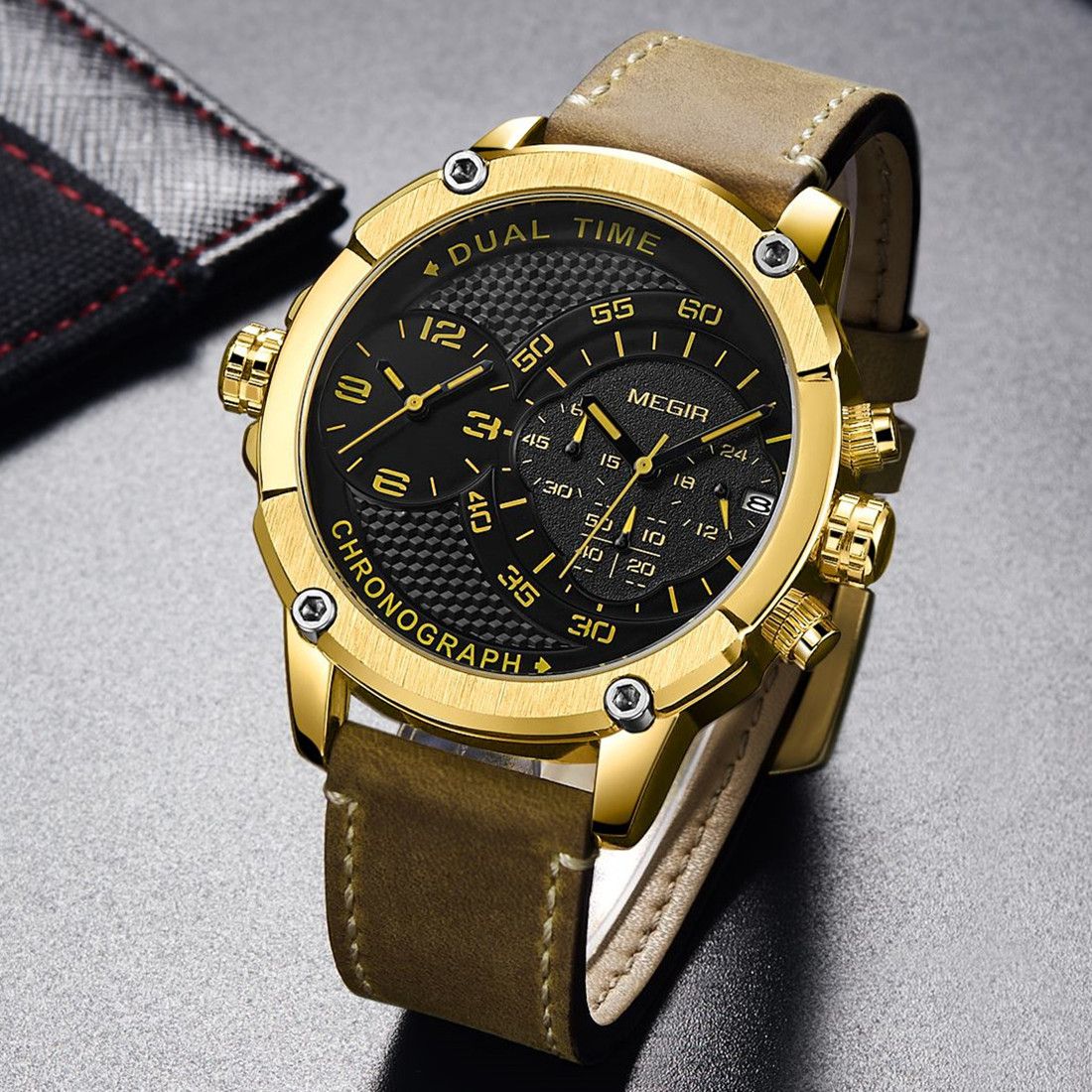 Luxury Men's Watches MEGIR Chronograph Quartz Leather Band